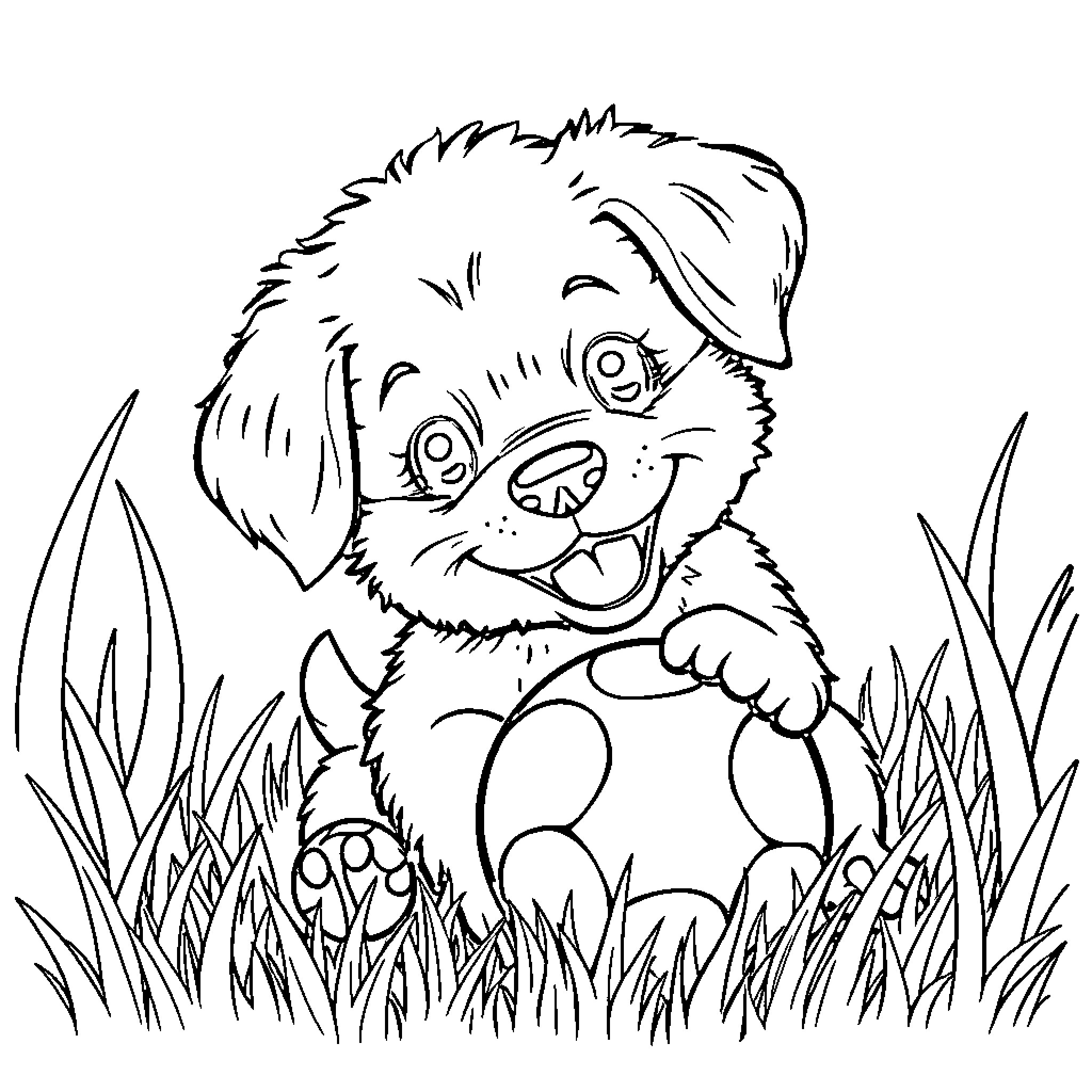 Puppy playing joyfully in the grass Coloring Page (free black-and-white line drawing printable PDF for all, from beginners to advanced learners, including children, teens, adults, and seniors)