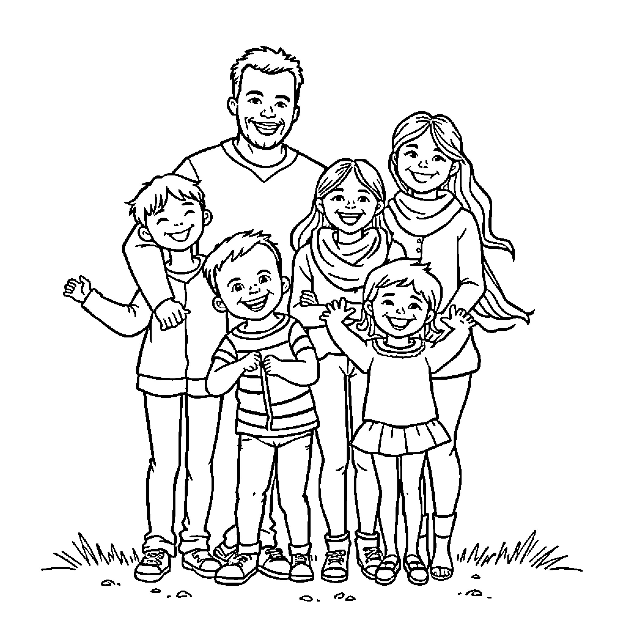 Family enjoying outdoor time together Coloring Page (free black-and-white line drawing printable PDF for all, from beginners to advanced learners, including children, teens, adults, and seniors)