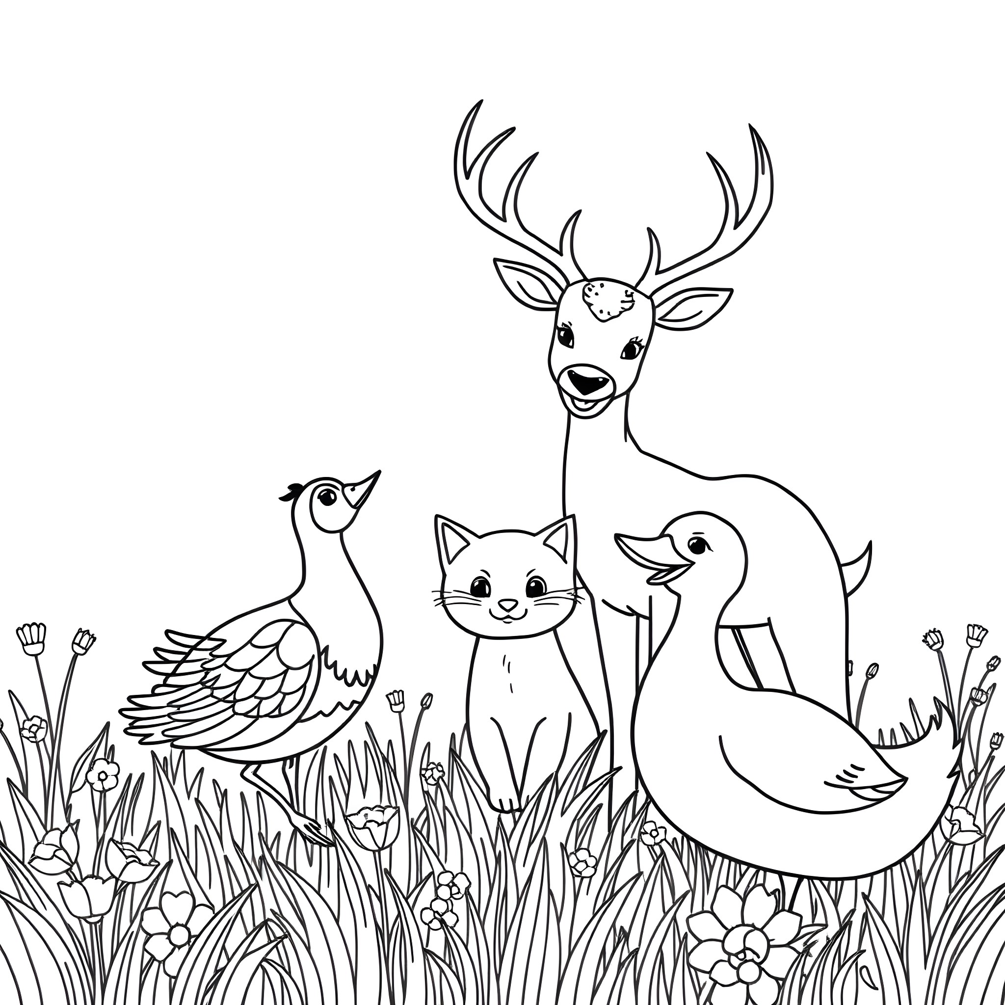 Pheasant and friends in a wildlife scene Coloring Page (free black-and-white line drawing printable PDF for all, from beginners to advanced learners, including children, teens, adults, and seniors)