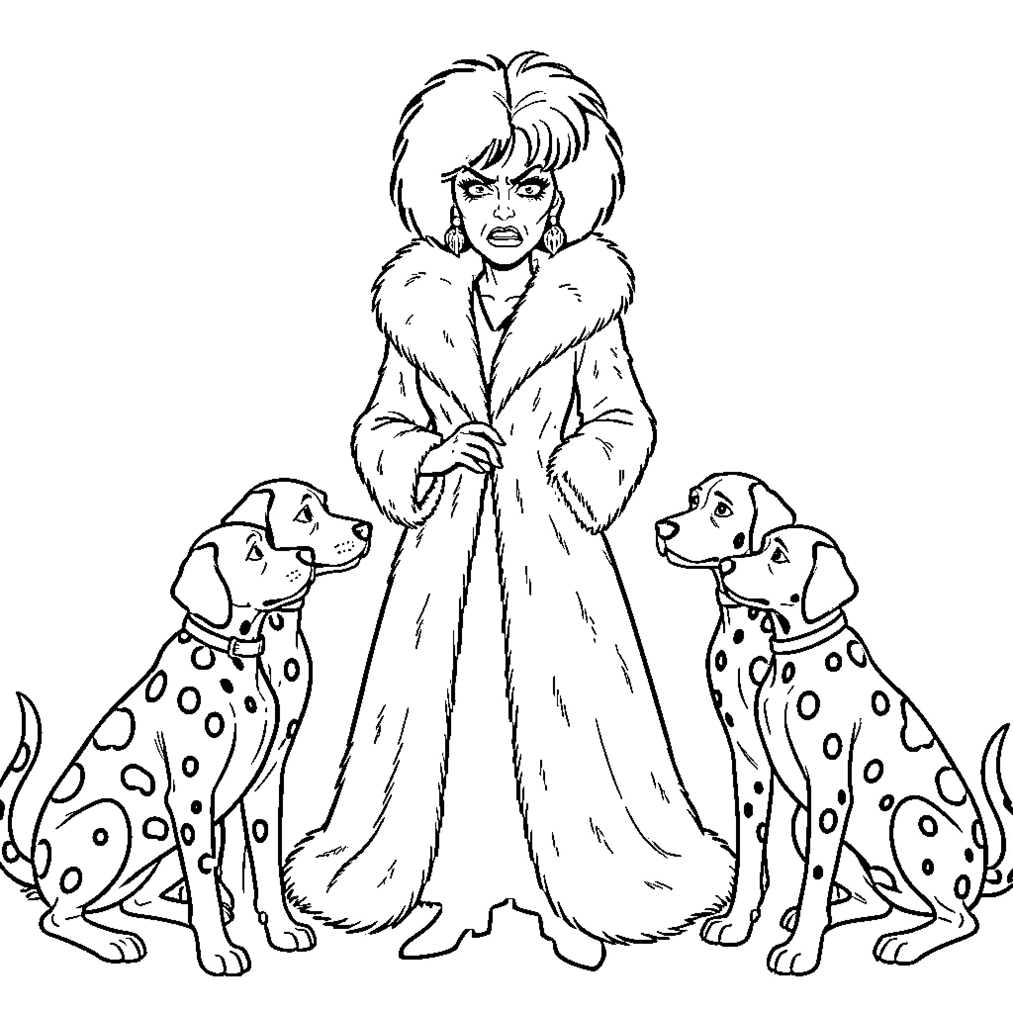 Cruella wearing a fur coat surrounded by dalmatians Coloring Page (free black-and-white line drawing printable PDF for all, from beginners to advanced learners, including children, teens, adults, and seniors)
