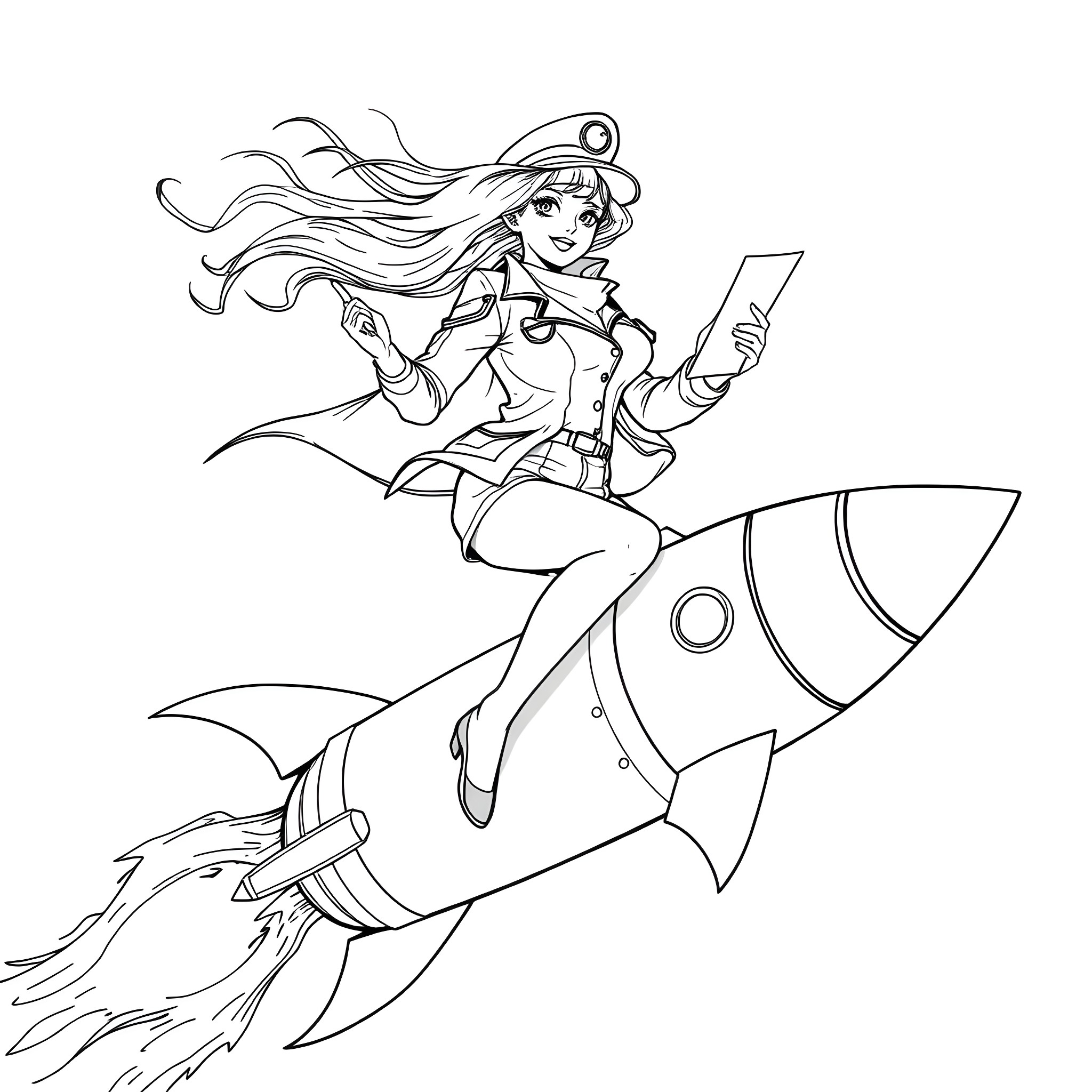 Postman riding a rocket ship with enthusiasm Coloring Page (free black-and-white line drawing printable PDF for all, from beginners to advanced learners, including children, teens, adults, and seniors)