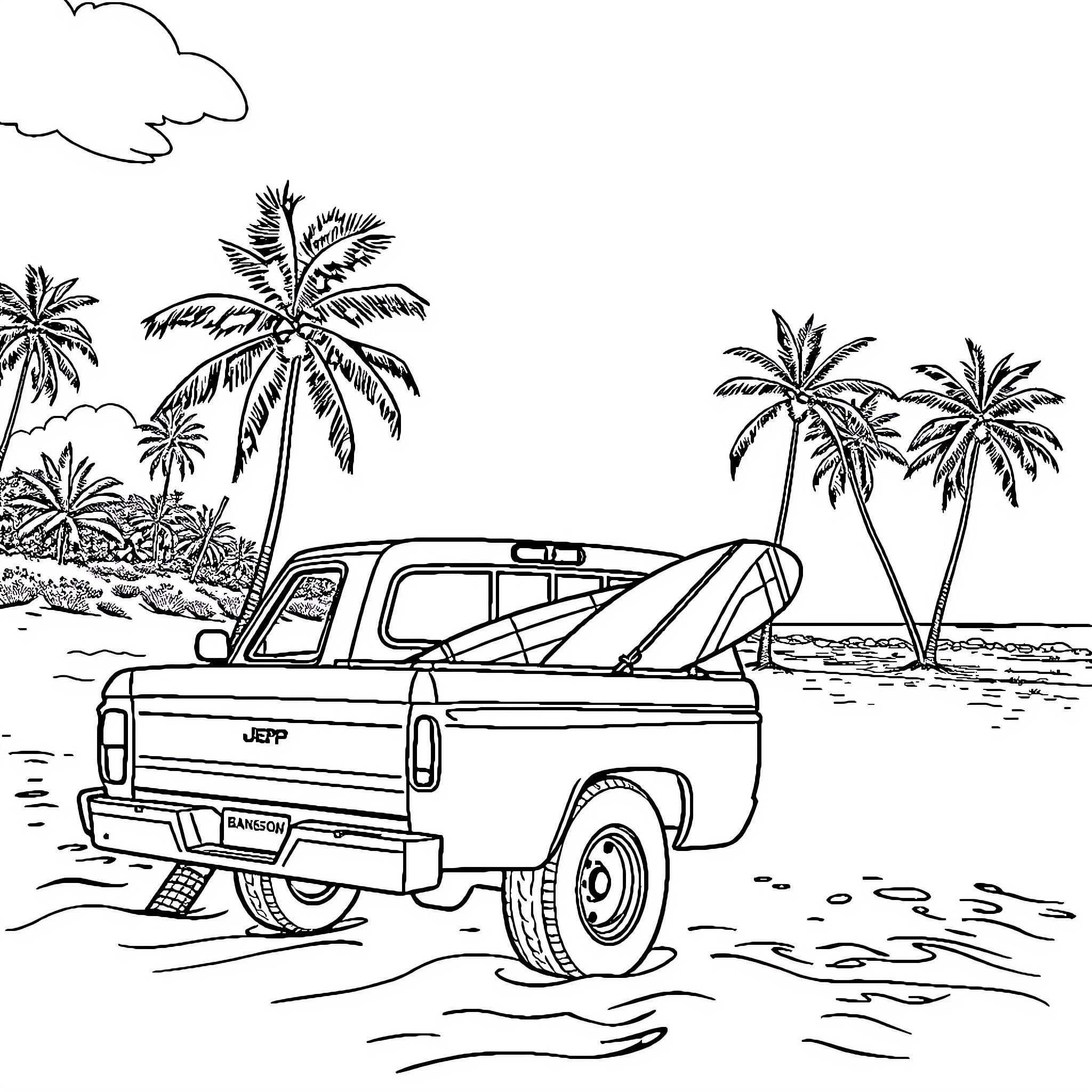 Pickup Truck on Tropical Beach with Palm Trees Coloring Page (free black-and-white line drawing printable PDF for all, from beginners to advanced learners, including children, teens, adults, and seniors)