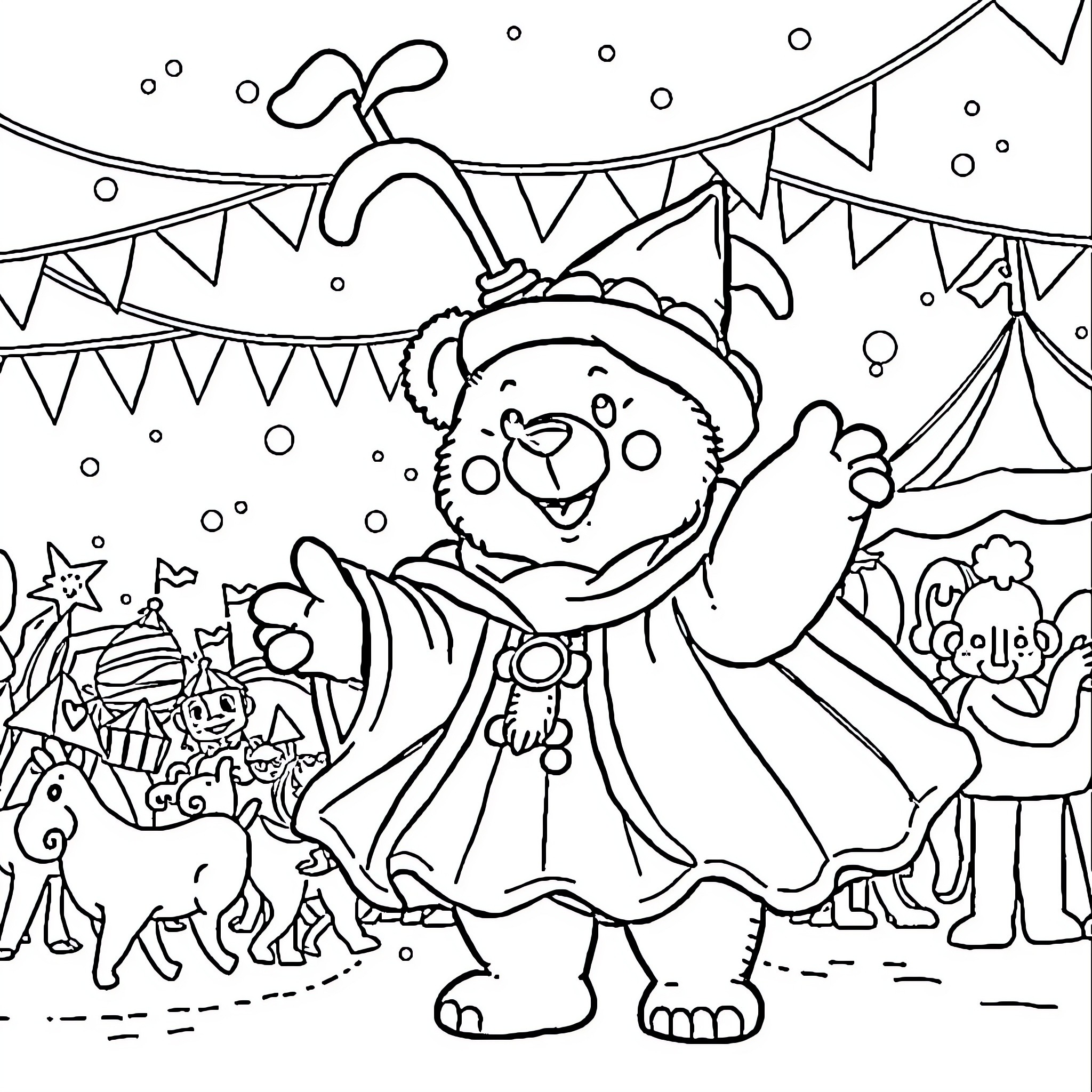 Bear celebrating at a carnival with decorations Coloring Page (free black-and-white line drawing printable PDF for all, from beginners to advanced learners, including children, teens, adults, and seniors)