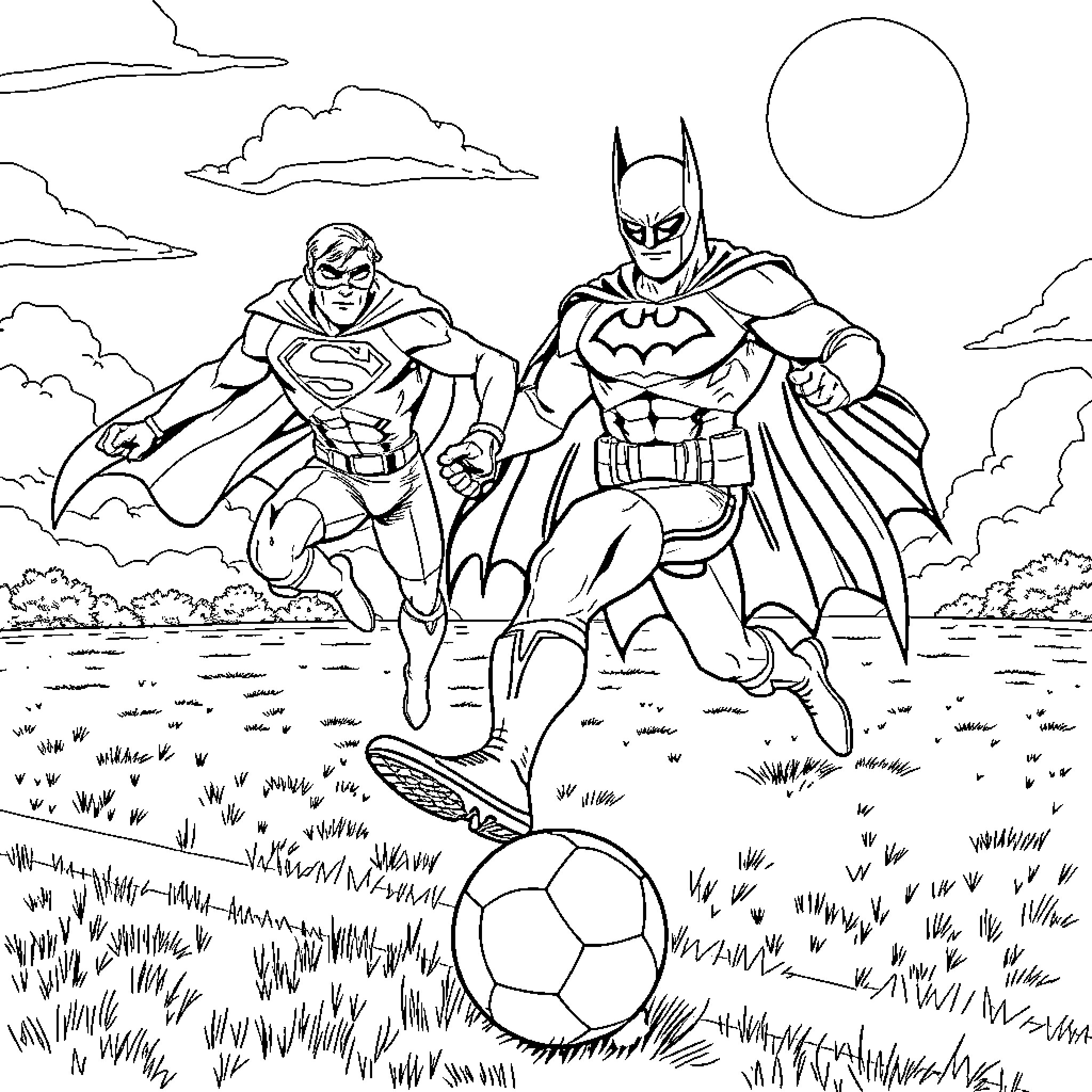 Superman and Batman playing soccer in the park Coloring Page (free black-and-white line drawing printable PDF for all, from beginners to advanced learners, including children, teens, adults, and seniors)
