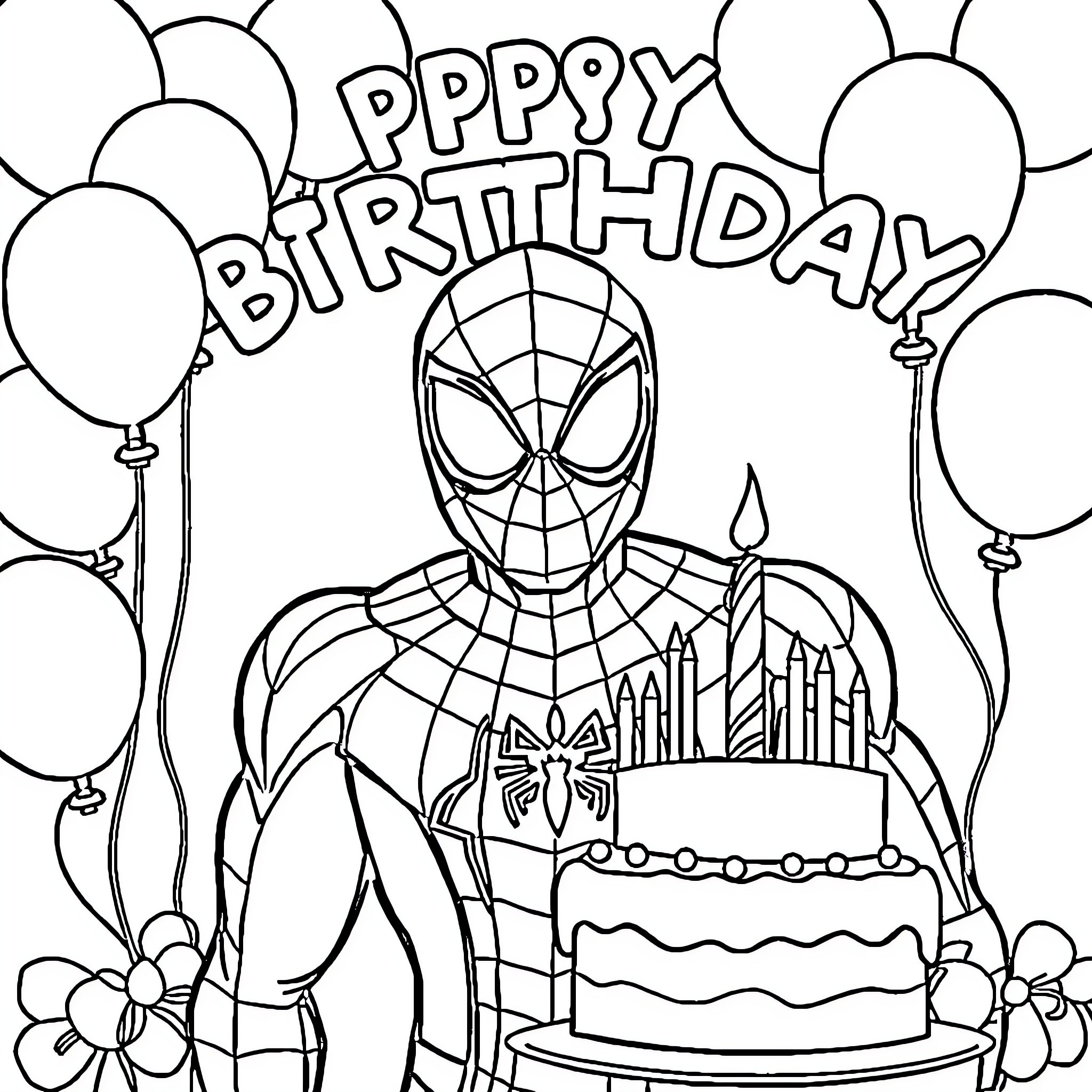 Spiderman's Happy Birthday Celebration Coloring Page (free black-and-white line drawing printable PDF for all, from beginners to advanced learners, including children, teens, adults, and seniors)