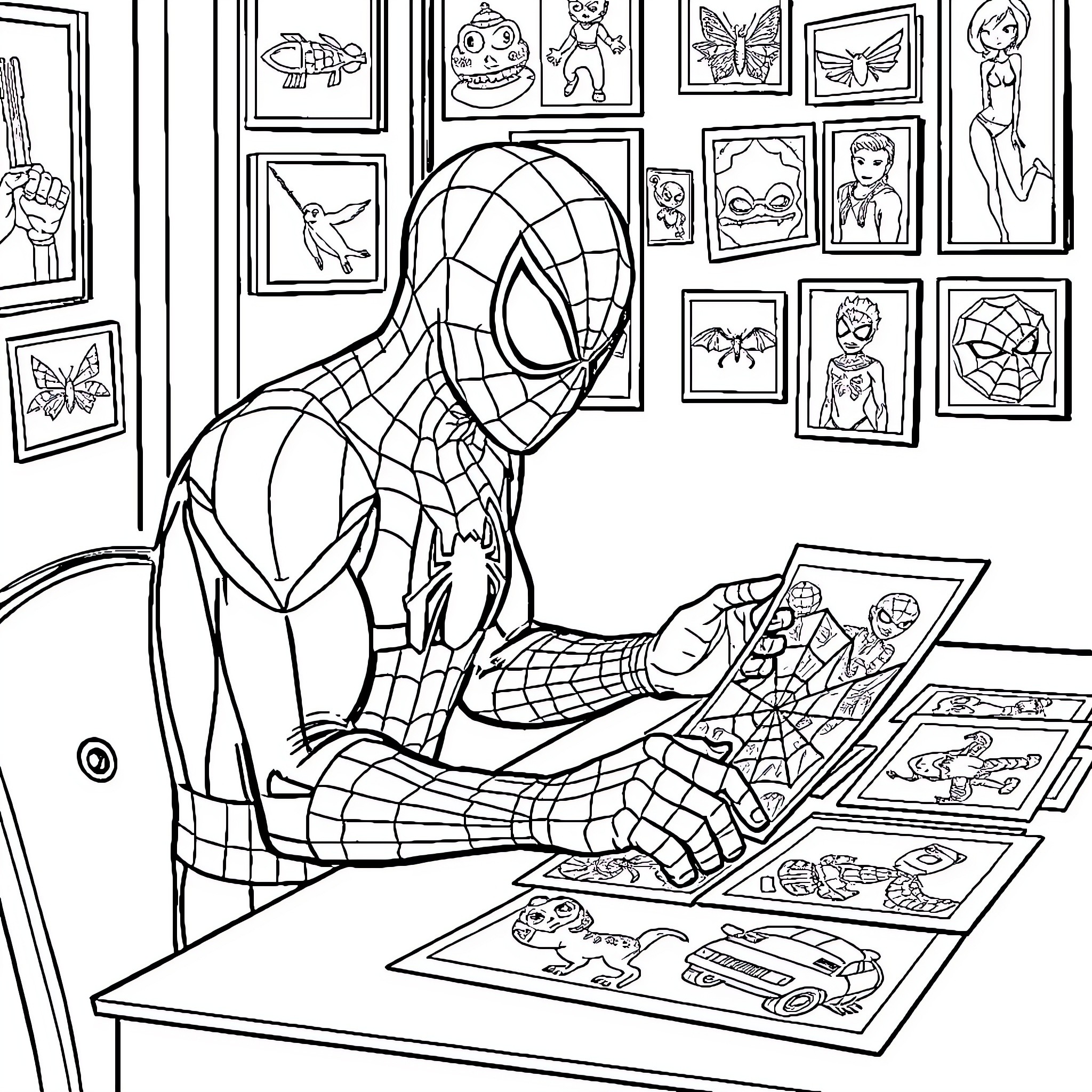 Spiderman admiring his art collection Coloring Page (free black-and-white line drawing printable PDF for all, from beginners to advanced learners, including children, teens, adults, and seniors)