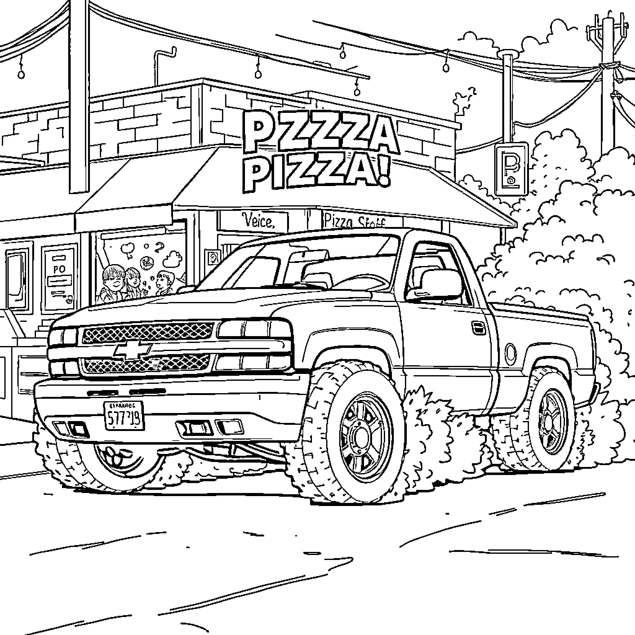 Truck Delivering Pizza at the Local Pizza Place Coloring Page (free black-and-white line drawing printable PDF for all, from beginners to advanced learners, including children, teens, adults, and seniors)