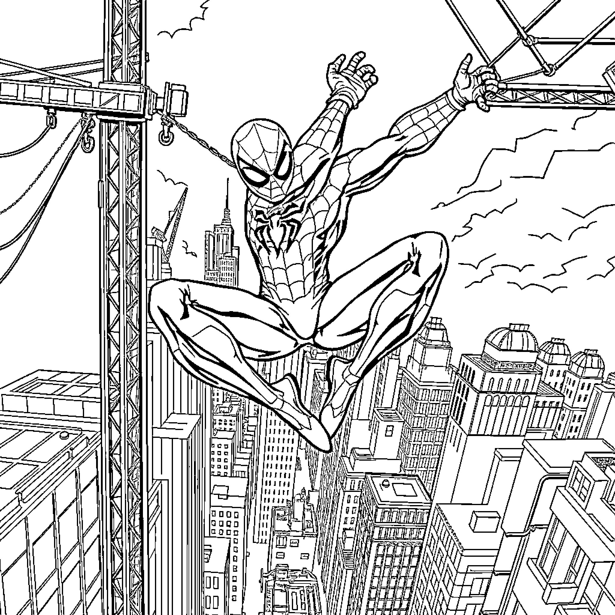 Spiderman leaping through the cityscape Coloring Page (free black-and-white line drawing printable PDF for all, from beginners to advanced learners, including children, teens, adults, and seniors)