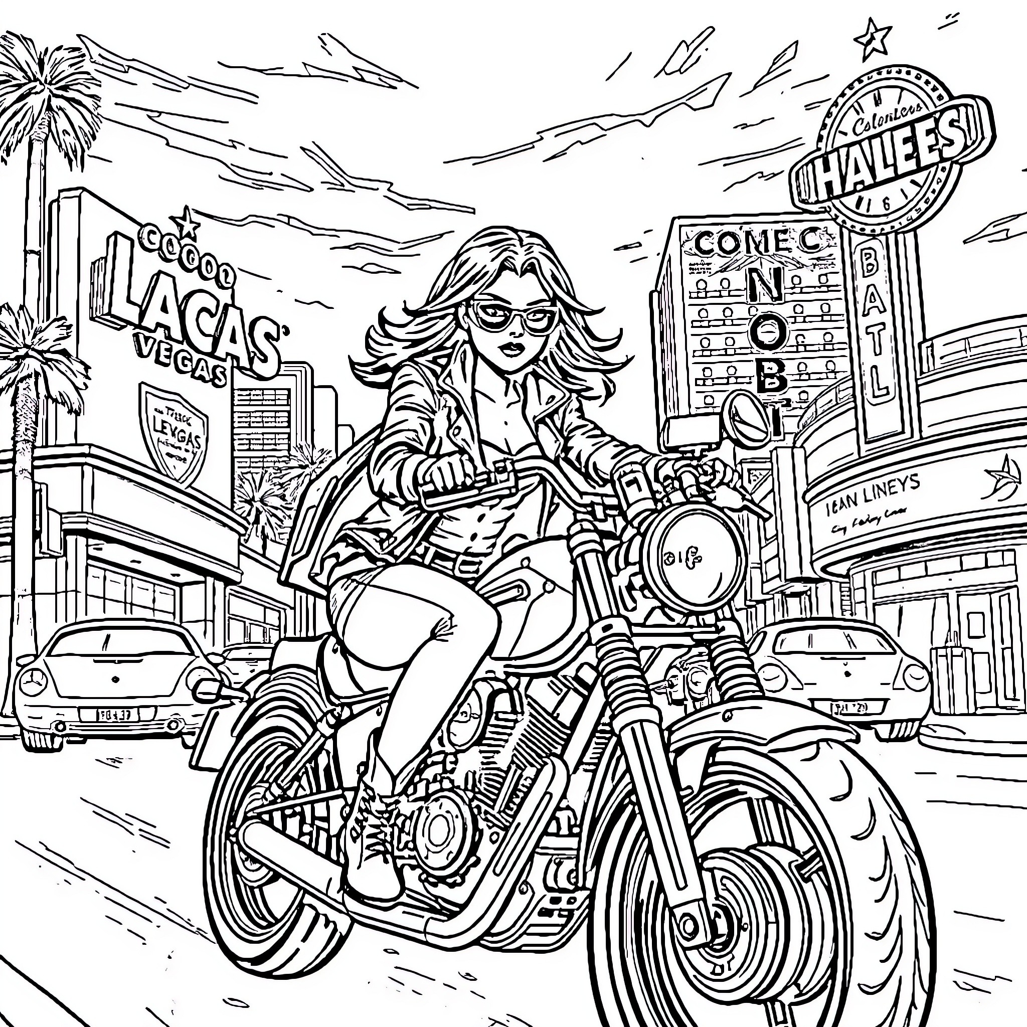 Gangster Girl Riding Motorcycle in the City Coloring Page (free black-and-white line drawing printable PDF for all, from beginners to advanced learners, including children, teens, adults, and seniors)
