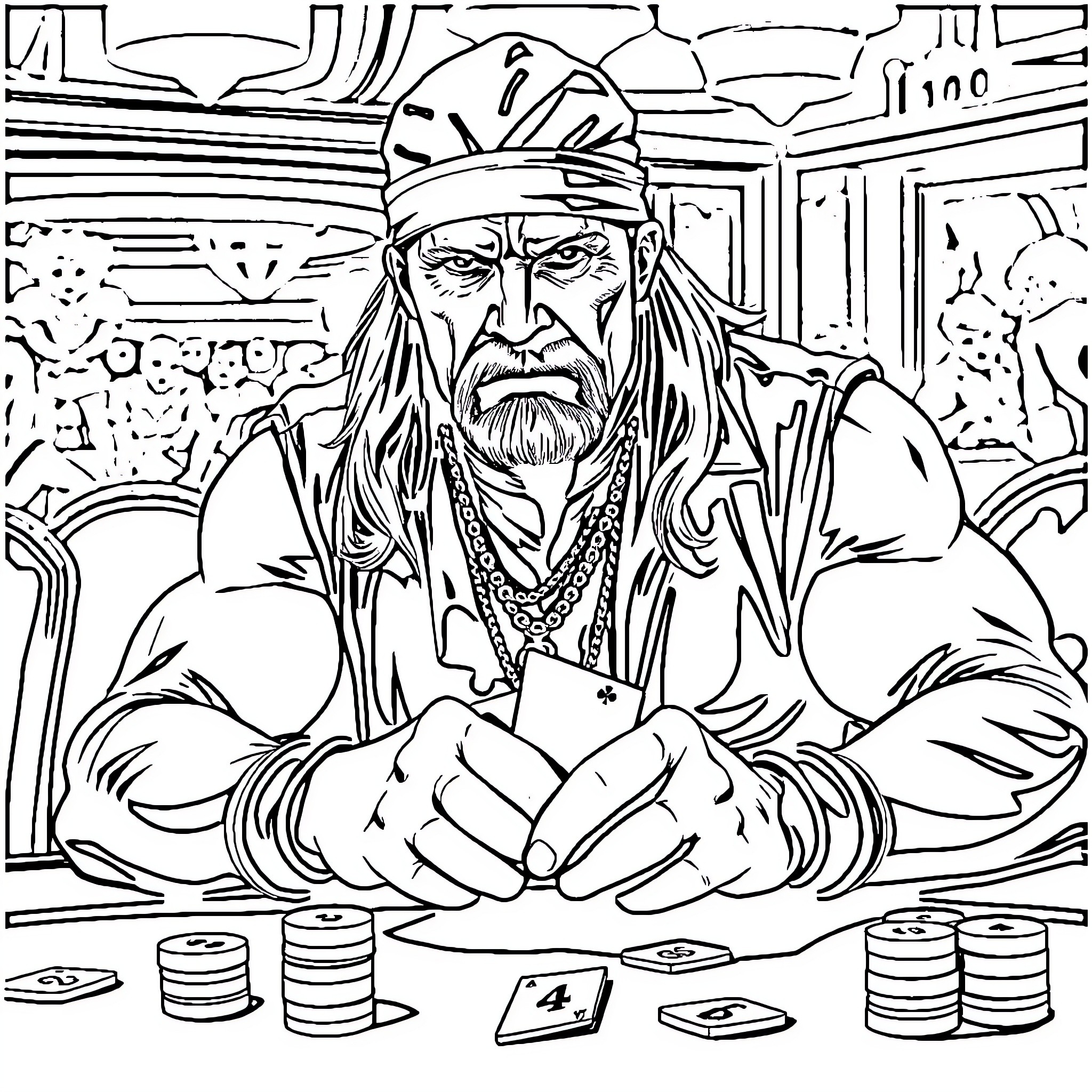 Hulk Hogan Plays a Game of Chance Coloring Page (free black-and-white line drawing printable PDF for all, from beginners to advanced learners, including children, teens, adults, and seniors)