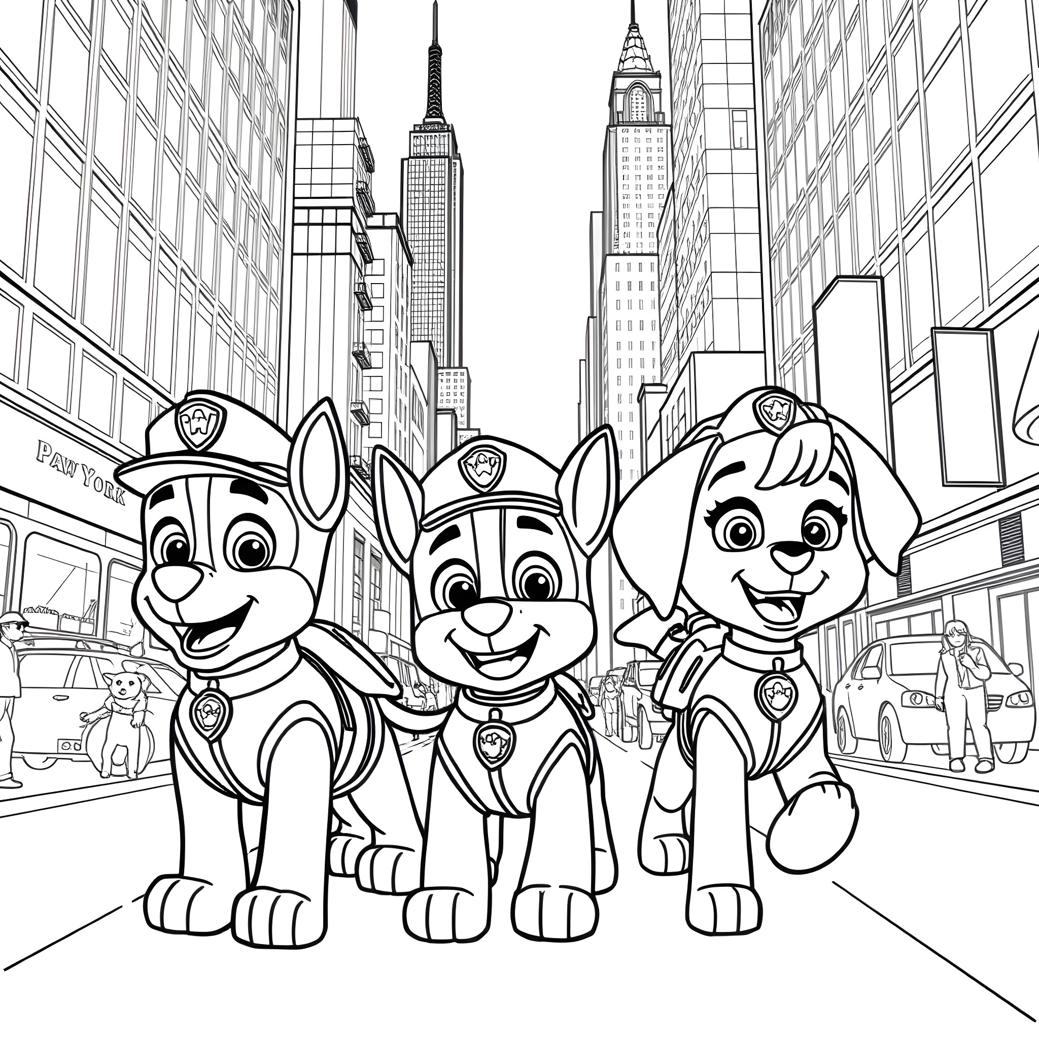 Paw Patrol Pups Explore the Big City Coloring Page (free black-and-white line drawing printable PDF for all, from beginners to advanced learners, including children, teens, adults, and seniors)