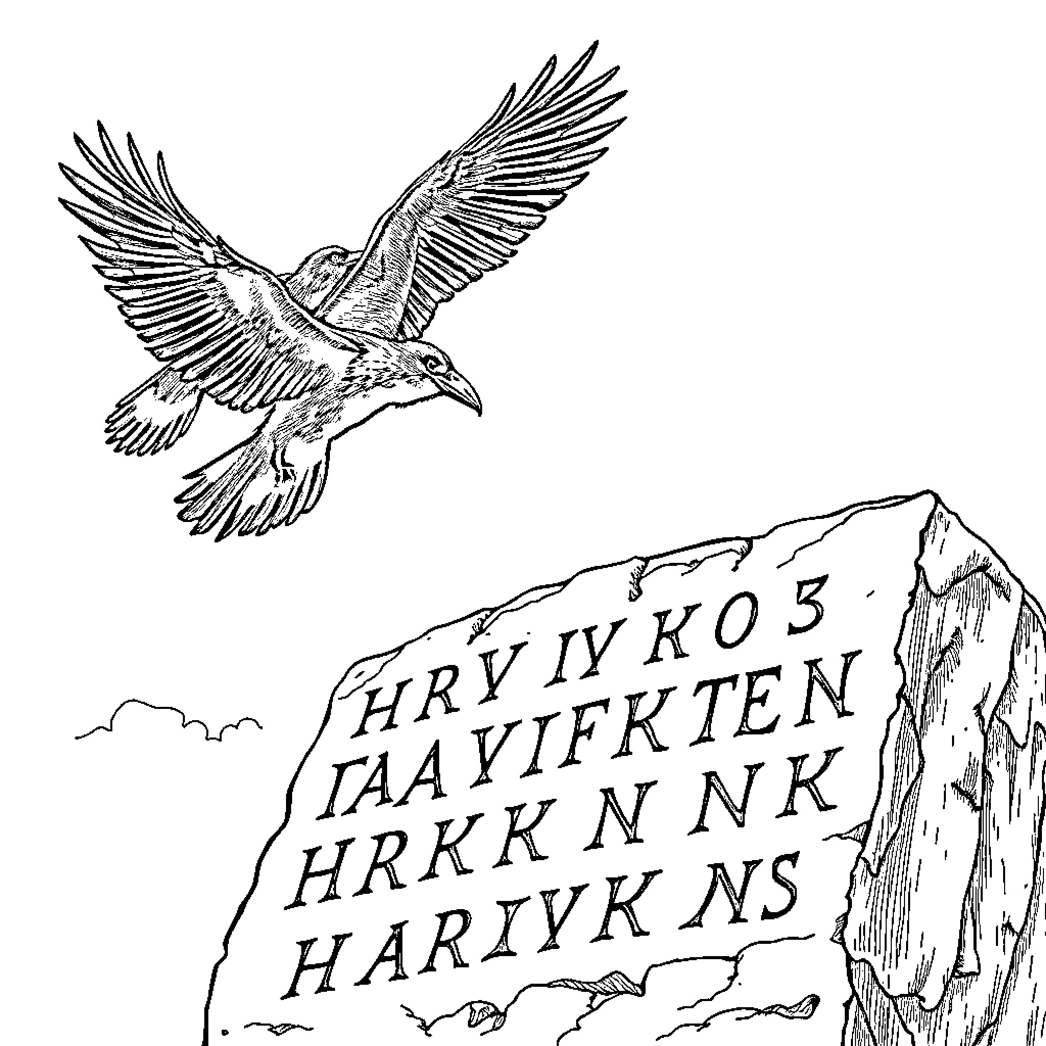 Raven soaring over carved runes on the cliffside Coloring Page (free black-and-white line drawing printable PDF for all, from beginners to advanced learners, including children, teens, adults, and seniors)