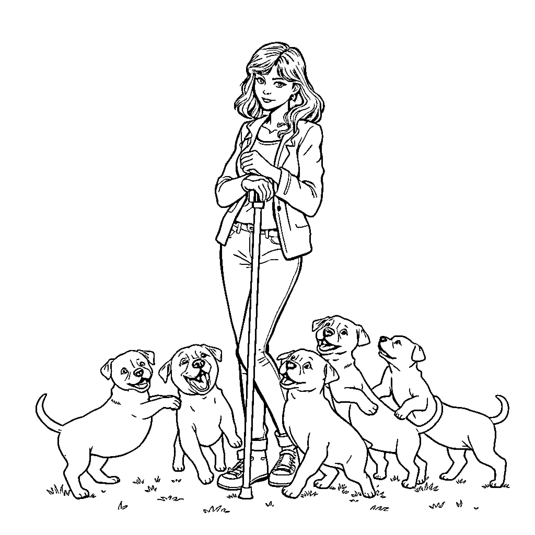 Woman with her pack of curious puppies Coloring Page (free black-and-white line drawing printable PDF for all, from beginners to advanced learners, including children, teens, adults, and seniors)