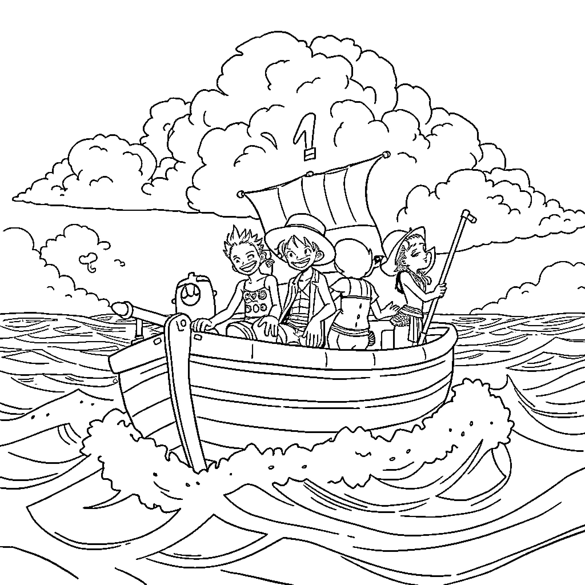 One Piece: Crew Sailing Through Stormy Seas Coloring Page (free black-and-white line drawing printable PDF for all, from beginners to advanced learners, including children, teens, adults, and seniors)