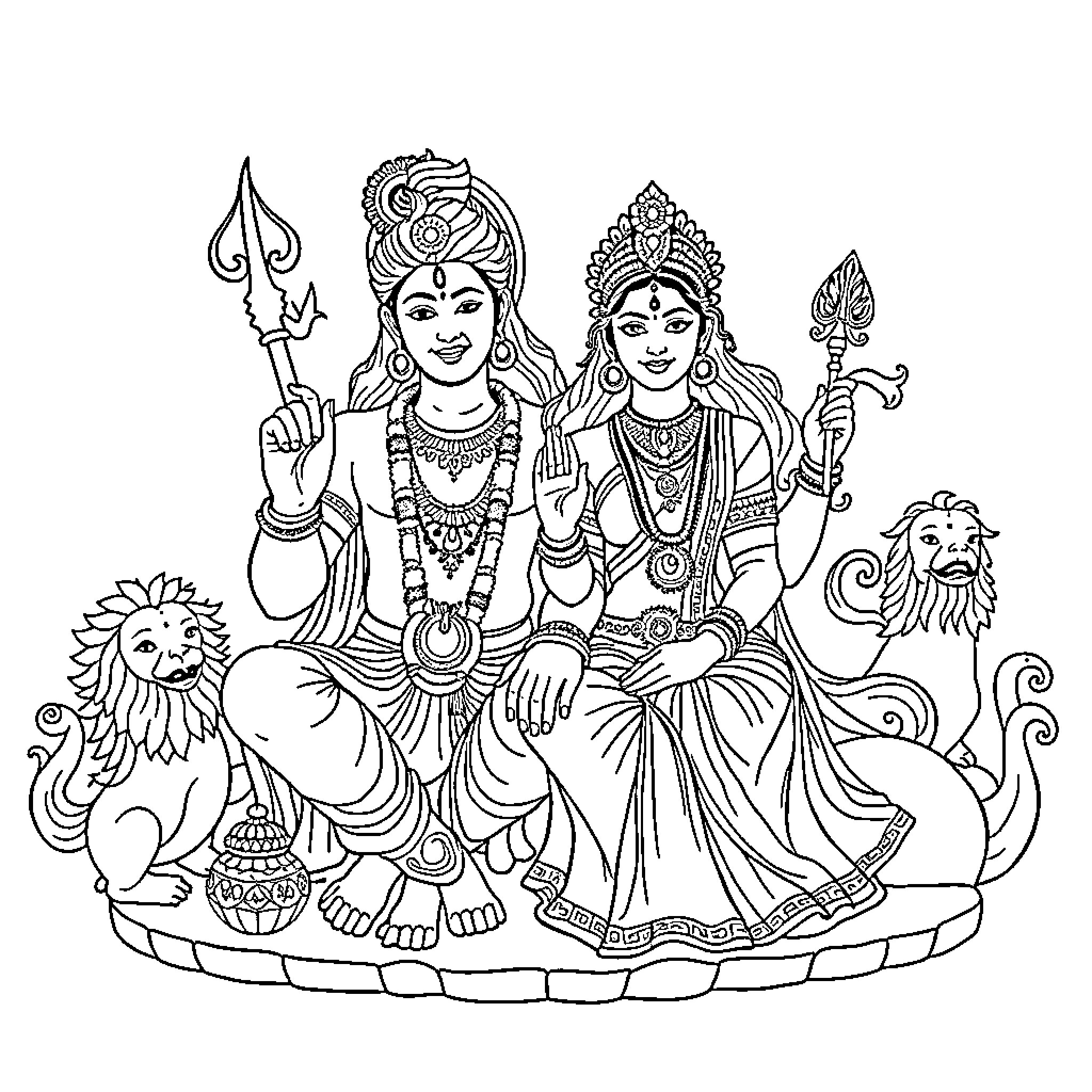 Vishnu and Lakshmi in Ornate Attire and Posture Coloring Page (free black-and-white line drawing printable PDF for all, from beginners to advanced learners, including children, teens, adults, and seniors)