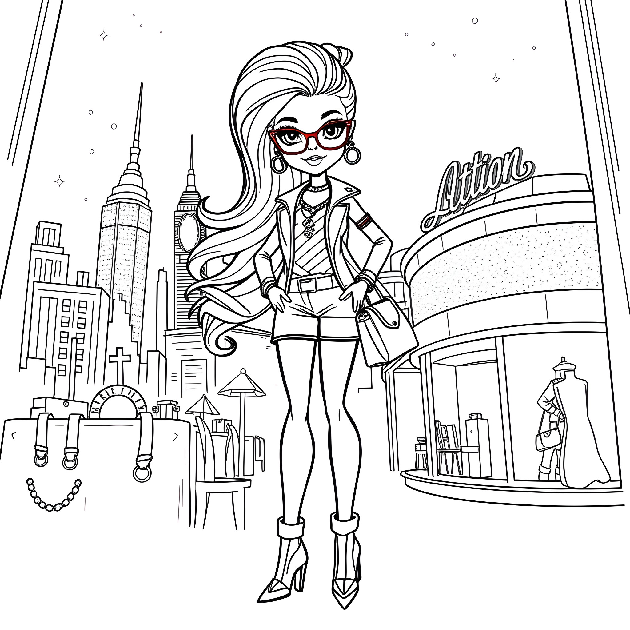 Sasha's Fashion Adventure in the City Coloring Page (free black-and-white line drawing printable PDF for all, from beginners to advanced learners, including children, teens, adults, and seniors)