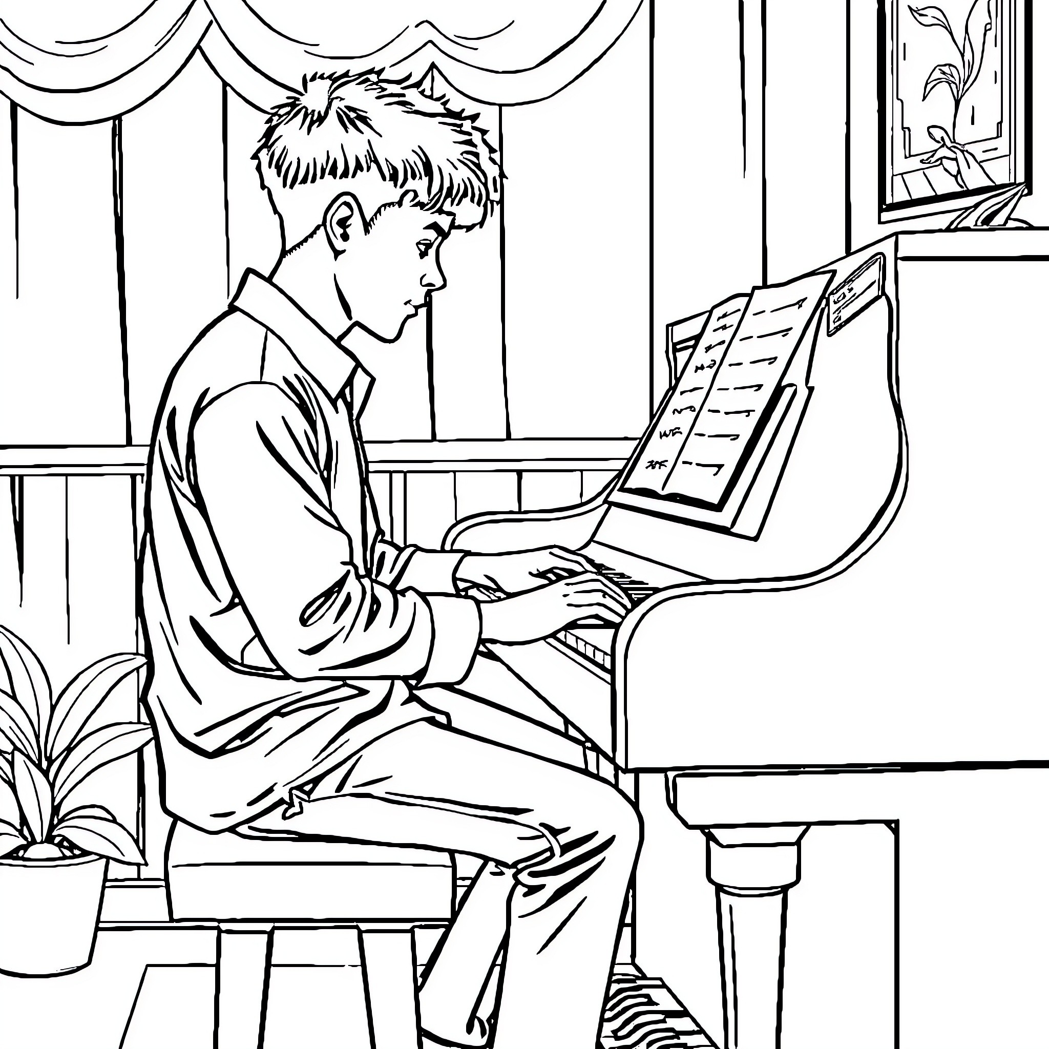Boy playing piano in a room Coloring Page (free black-and-white line drawing printable PDF for all, from beginners to advanced learners, including children, teens, adults, and seniors)
