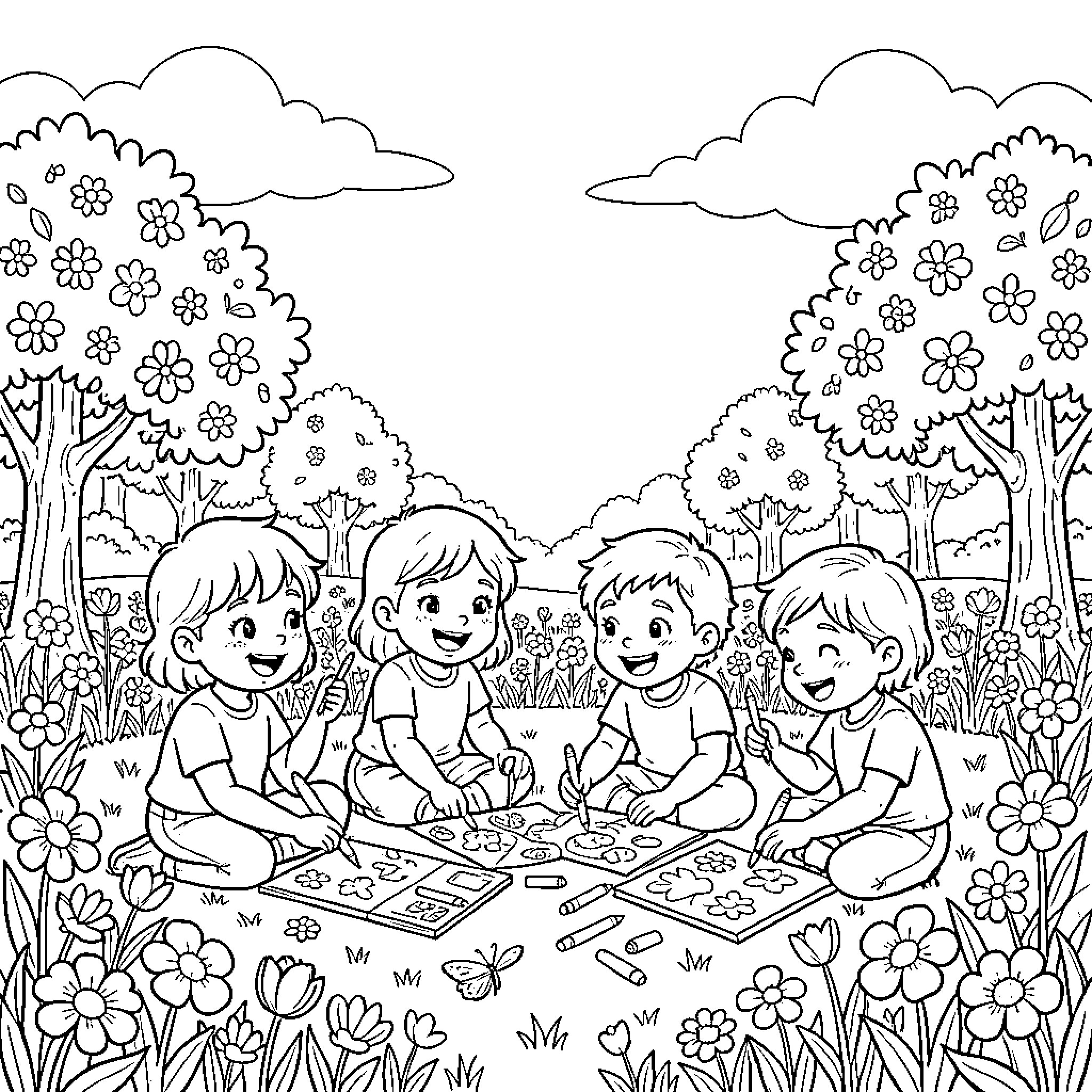 Flower Children Playing in Nature's Garden Coloring Page (free black-and-white line drawing printable PDF for all, from beginners to advanced learners, including children, teens, adults, and seniors)