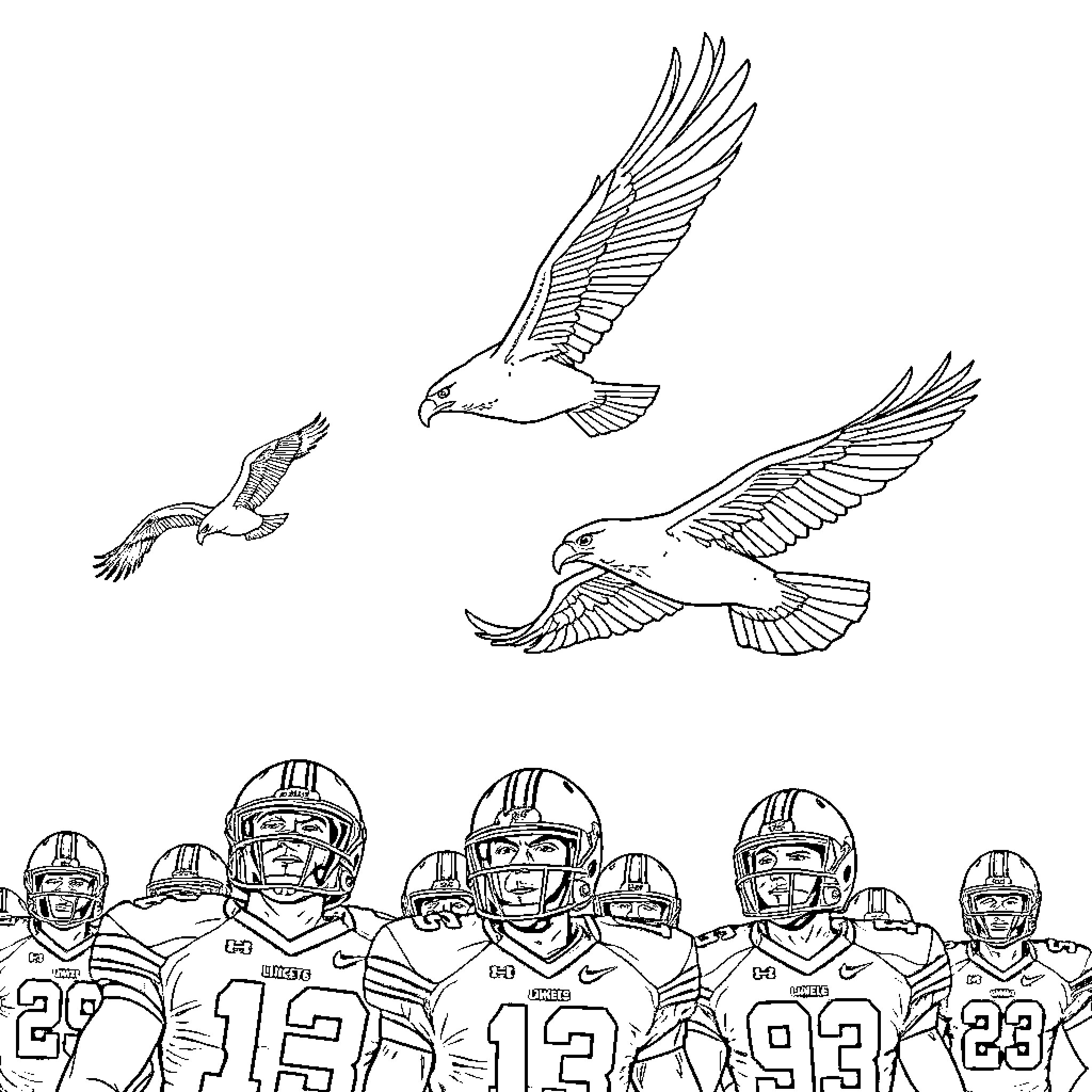Buckeye Eagles Soaring Above Football Players Coloring Page (free black-and-white line drawing printable PDF for all, from beginners to advanced learners, including children, teens, adults, and seniors)
