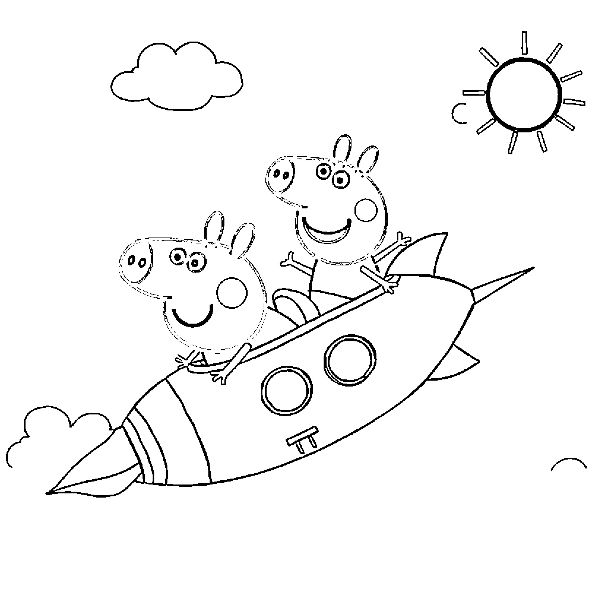 Bluey and friends explore in a rocket ship Coloring Page (free black-and-white line drawing printable PDF for all, from beginners to advanced learners, including children, teens, adults, and seniors)