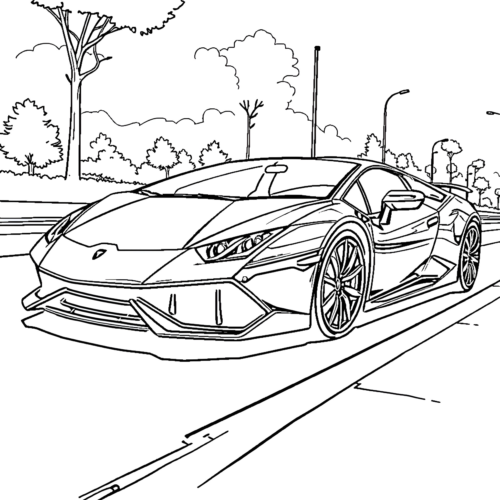 Lamborghini racing on the city street Coloring Page (free black-and-white line drawing printable PDF for all, from beginners to advanced learners, including children, teens, adults, and seniors)