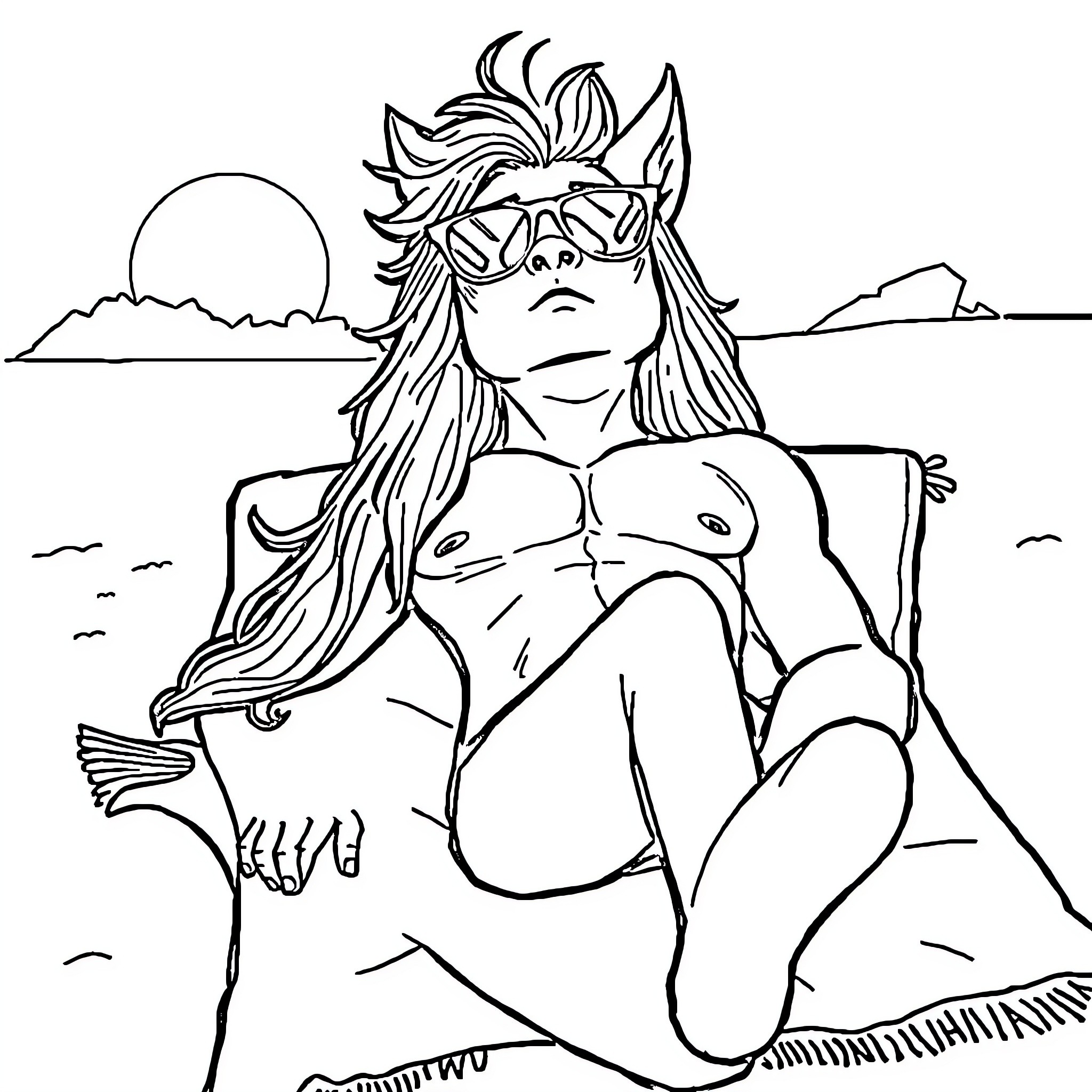 Vox figure relaxing on the beach Coloring Page (free black-and-white line drawing printable PDF for all, from beginners to advanced learners, including children, teens, adults, and seniors)