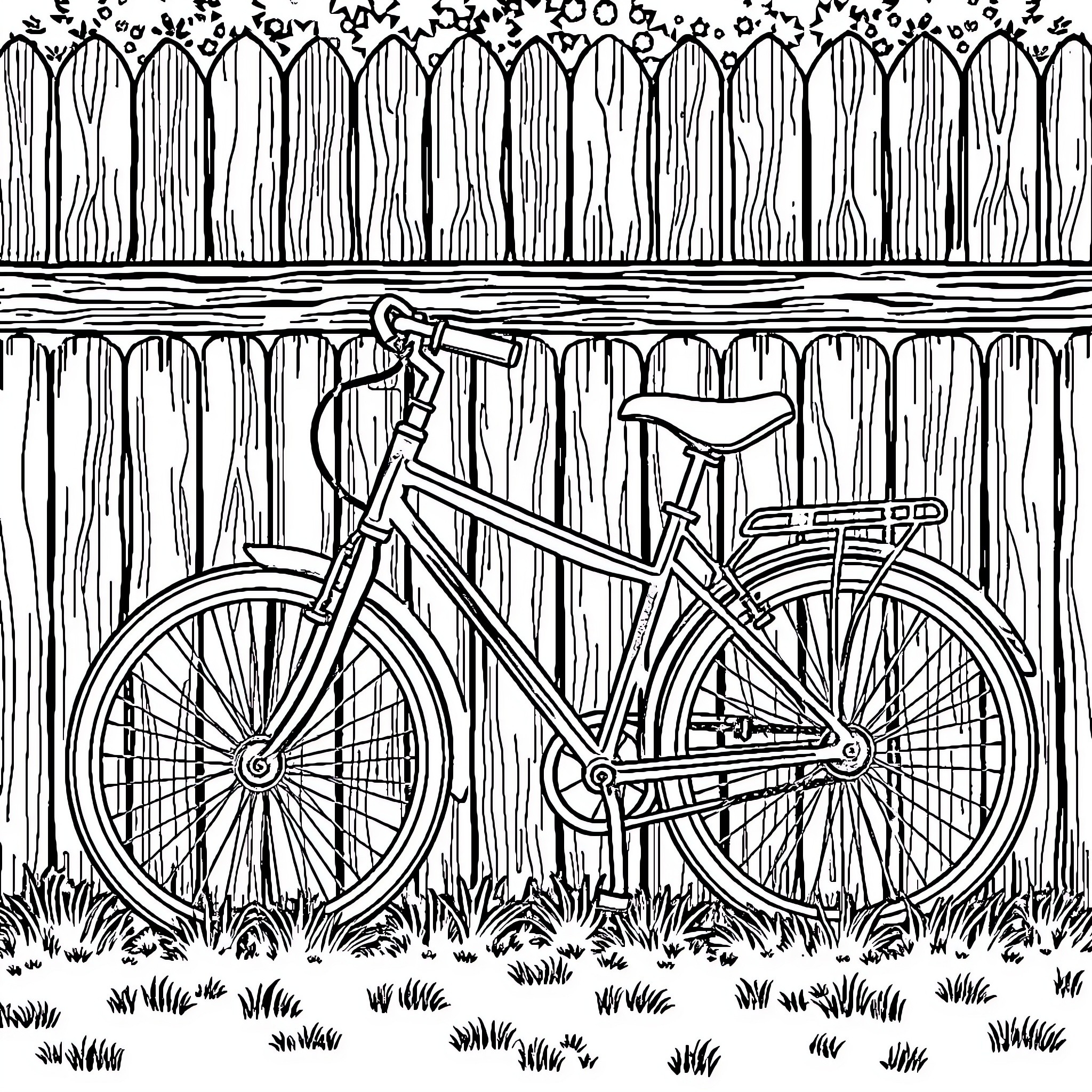 Bicycle Leaning Against Wooden Fence in Garden Coloring Page (free black-and-white line drawing printable PDF for all, from beginners to advanced learners, including children, teens, adults, and seniors)