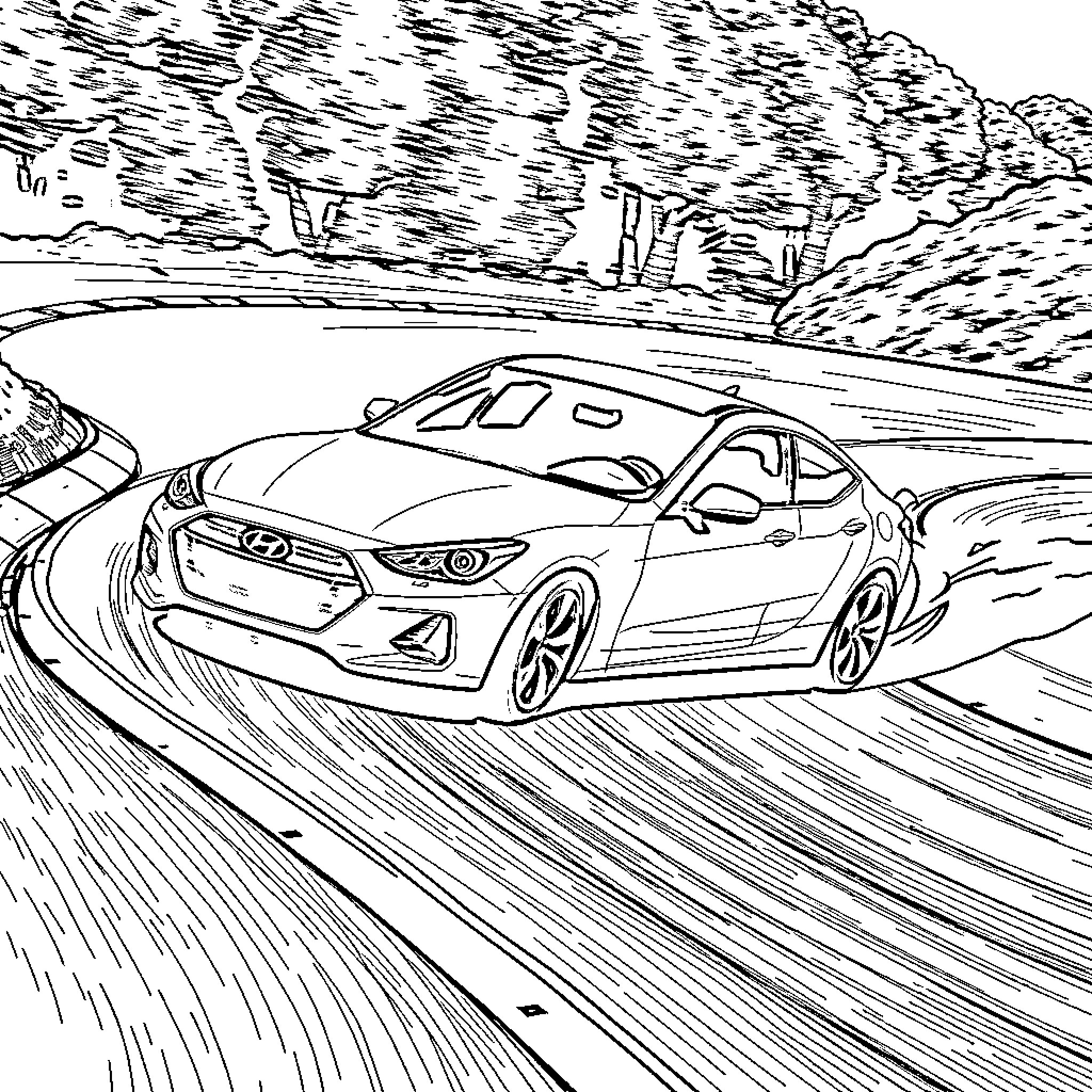 Car speeding through scenic landscape Coloring Page (free black-and-white line drawing printable PDF for all, from beginners to advanced learners, including children, teens, adults, and seniors)