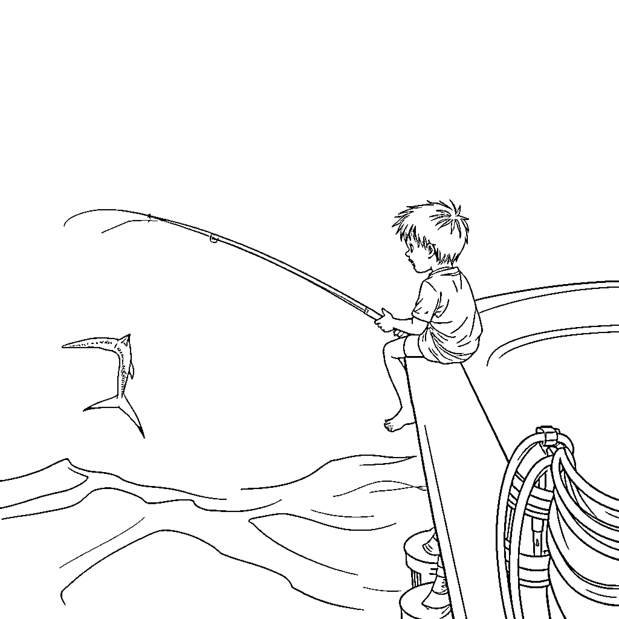 Boy fishing by the river Coloring Page (free black-and-white line drawing printable PDF for all, from beginners to advanced learners, including children, teens, adults, and seniors)