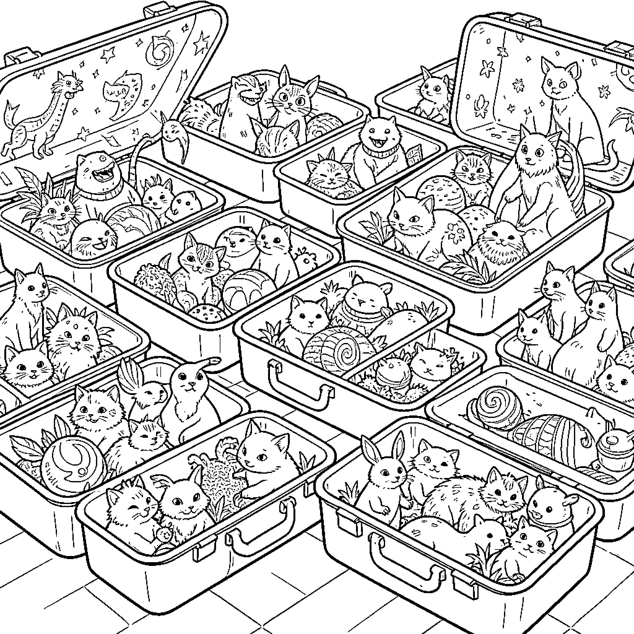 Creature characters sitting together in many storage bins Coloring Page (free black-and-white line drawing printable PDF for all, from beginners to advanced learners, including children, teens, adults, and seniors)