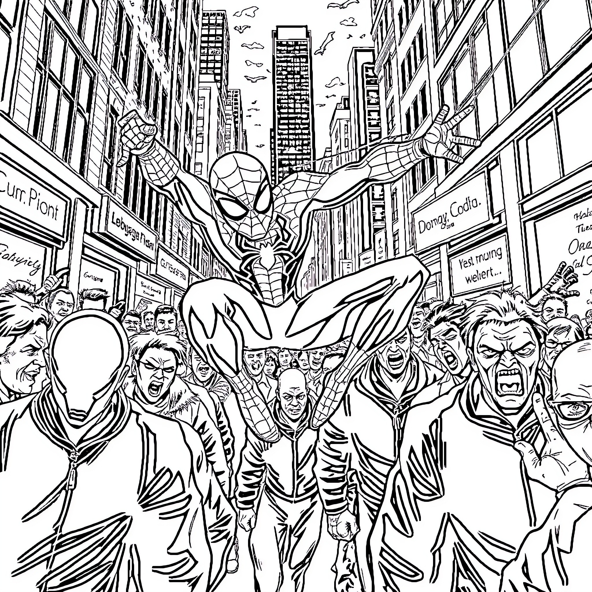 Spiderman swinging above a crowded city street Coloring Page (free black-and-white line drawing printable PDF for all, from beginners to advanced learners, including children, teens, adults, and seniors)