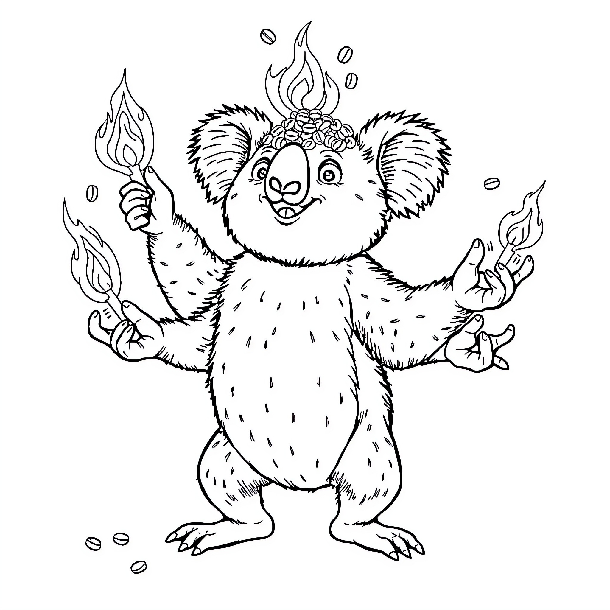 Koala juggling flaming objects with excitement Coloring Page (free black-and-white line drawing printable PDF for all, from beginners to advanced learners, including children, teens, adults, and seniors)