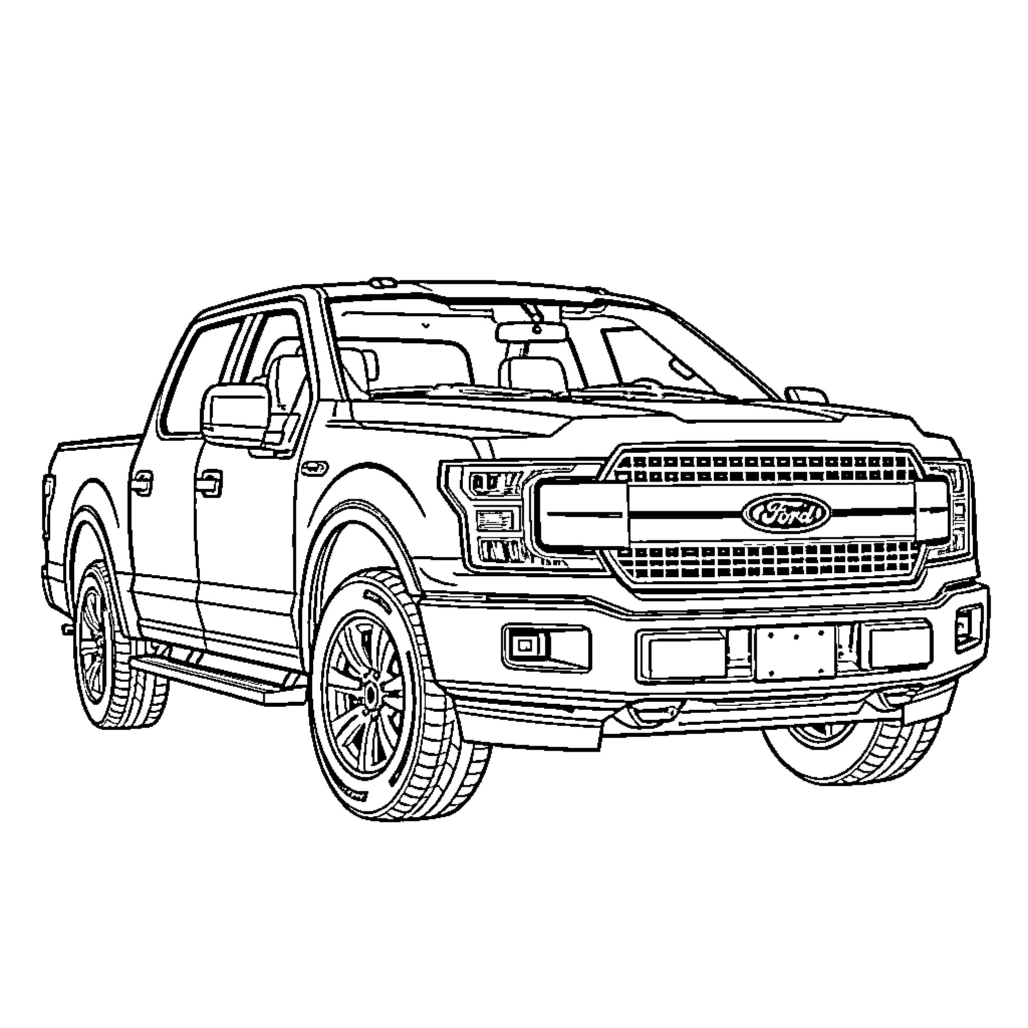 Ford F150 pickup truck in outline illustration Coloring Page (free black-and-white line drawing printable PDF for all, from beginners to advanced learners, including children, teens, adults, and seniors)