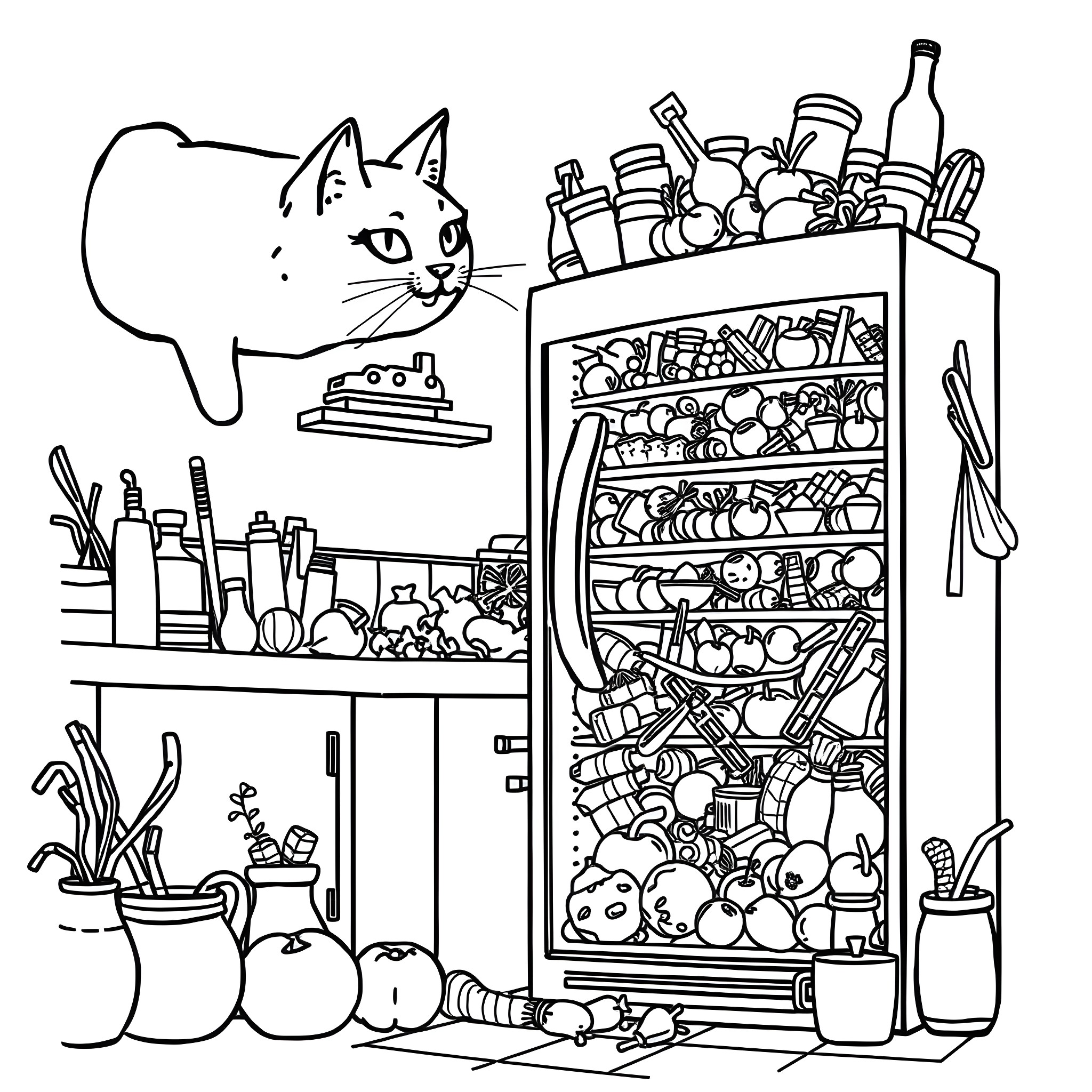Refrigerator filled with various foods and a curious cat Coloring Page (free black-and-white line drawing printable PDF for all, from beginners to advanced learners, including children, teens, adults, and seniors)
