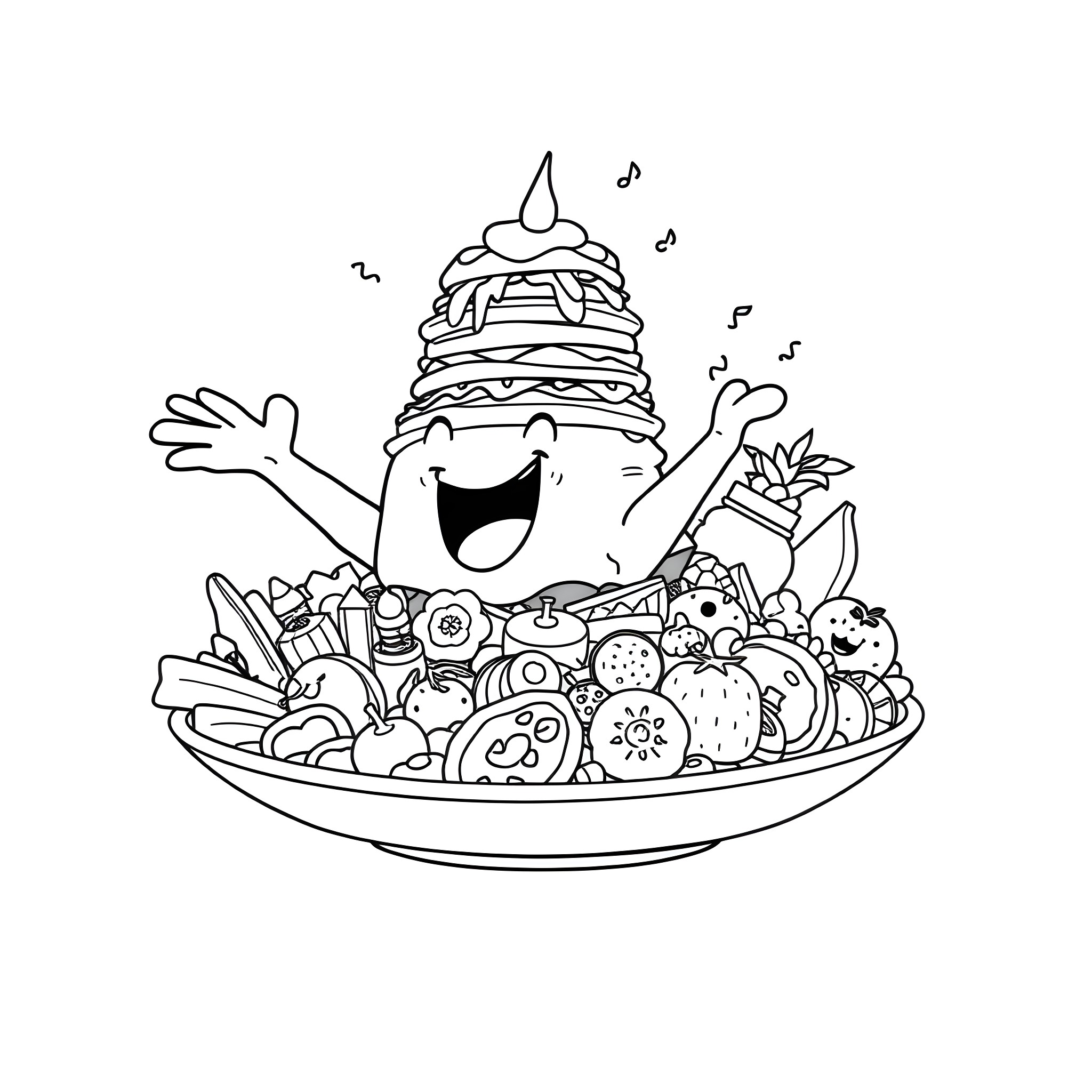 Chowder enjoying a colorful and playful meal Coloring Page (free black-and-white line drawing printable PDF for all, from beginners to advanced learners, including children, teens, adults, and seniors)