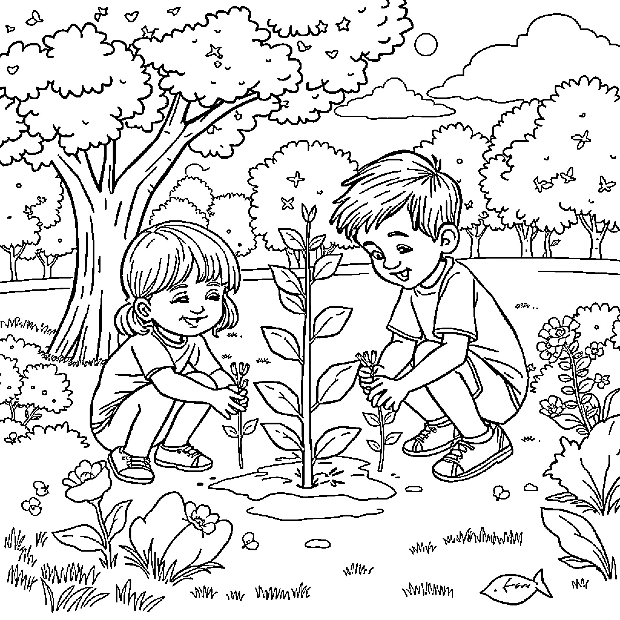 Child Planting Tree in Lush Park Coloring Page (free black-and-white line drawing printable PDF for all, from beginners to advanced learners, including children, teens, adults, and seniors)