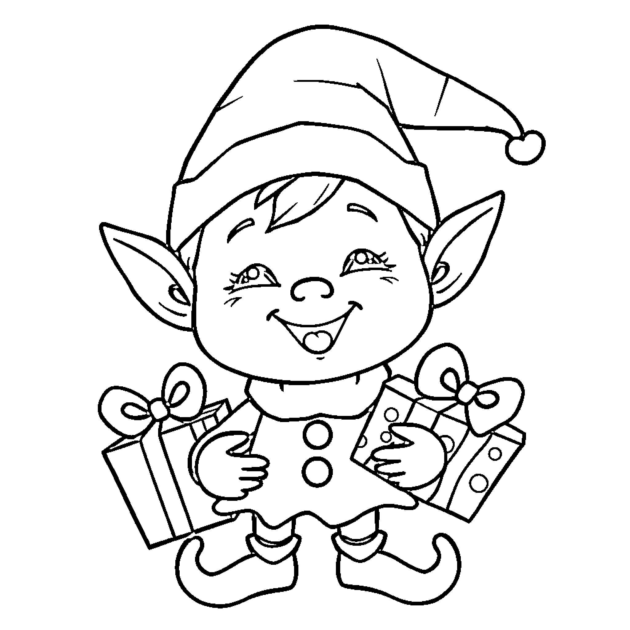 Lutin helping to deliver Christmas presents Coloring Page (free black-and-white line drawing printable PDF for all, from beginners to advanced learners, including children, teens, adults, and seniors)