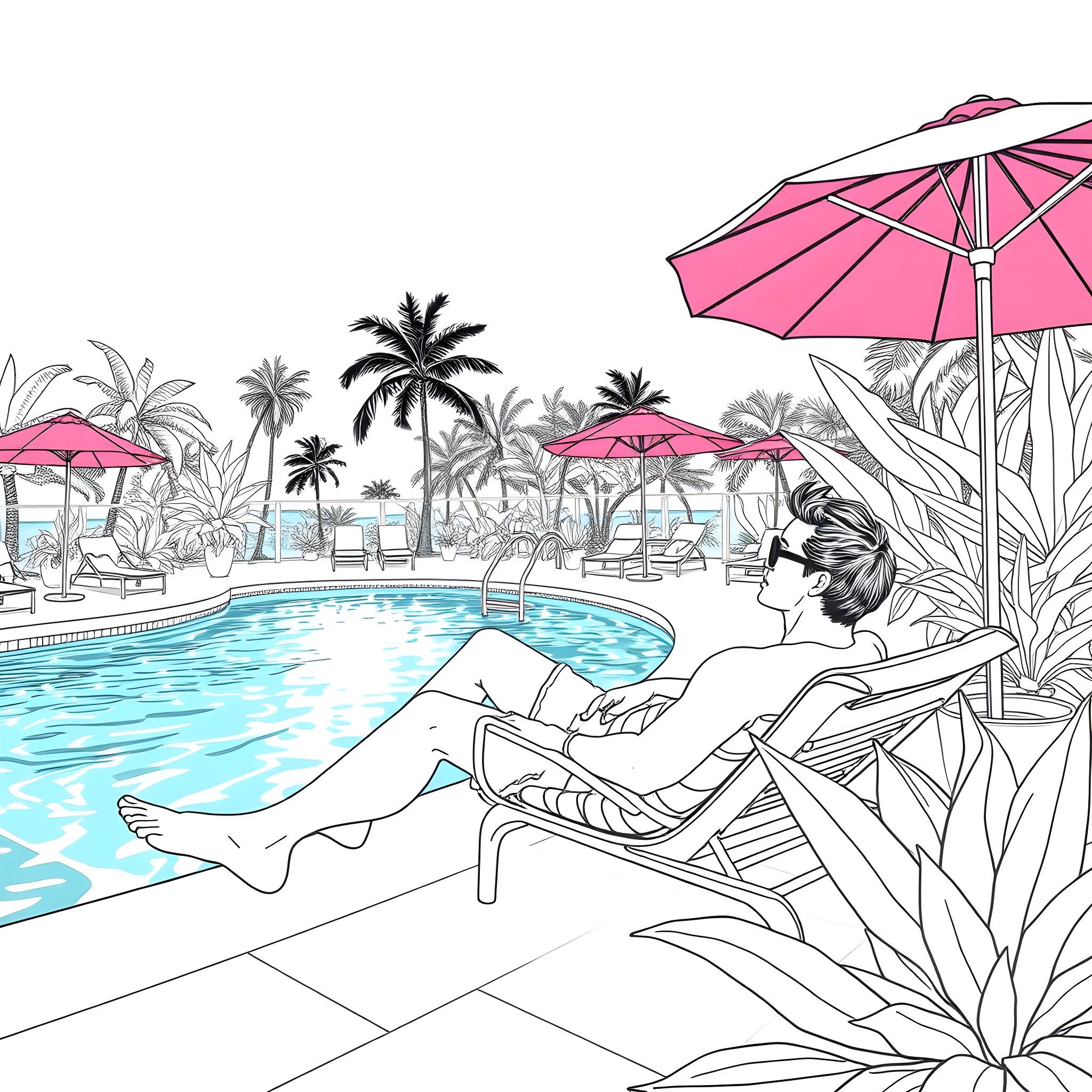 Erik Velten enjoys a relaxing day by the pool Coloring Page (free black-and-white line drawing printable PDF for all, from beginners to advanced learners, including children, teens, adults, and seniors)