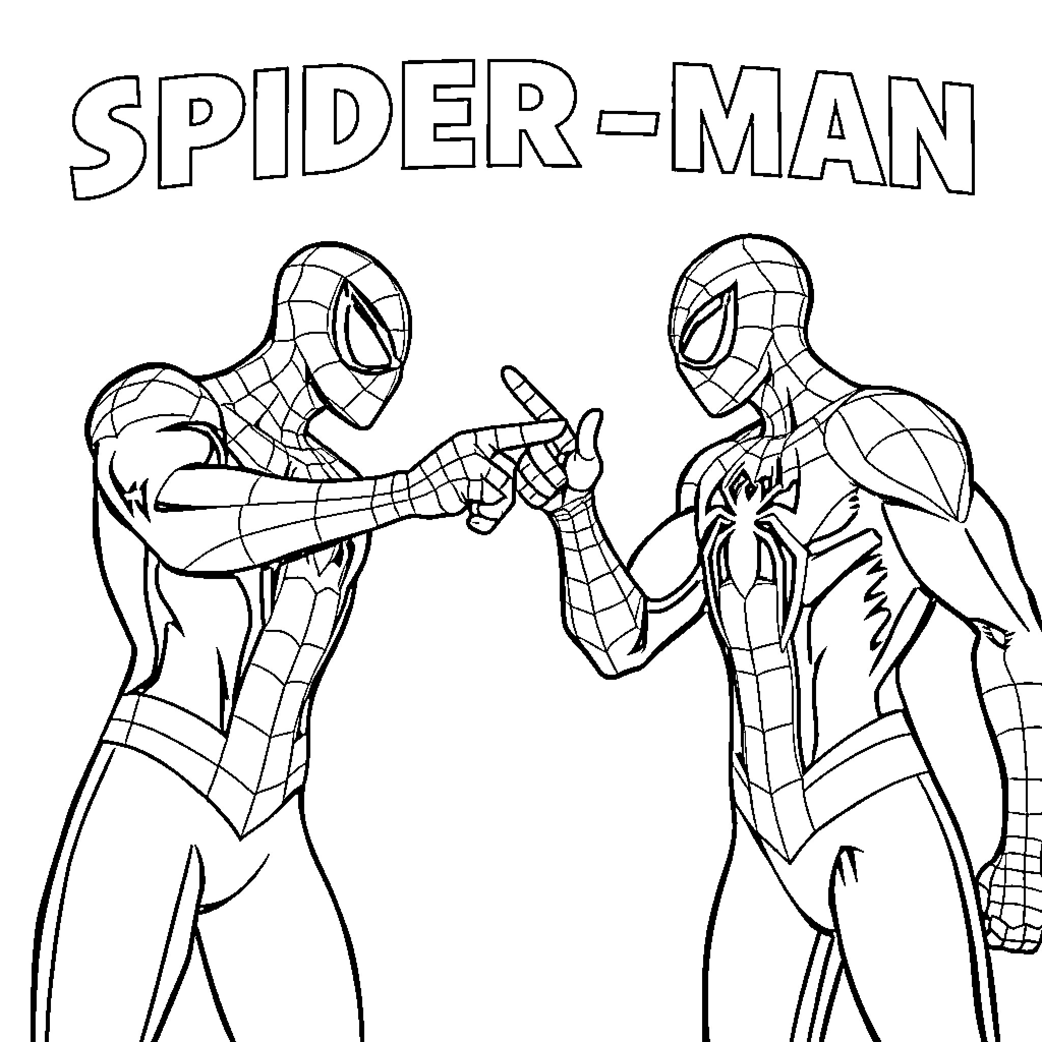 Spider-Man characters striking heroic poses Coloring Page (free black-and-white line drawing printable PDF for all, from beginners to advanced learners, including children, teens, adults, and seniors)