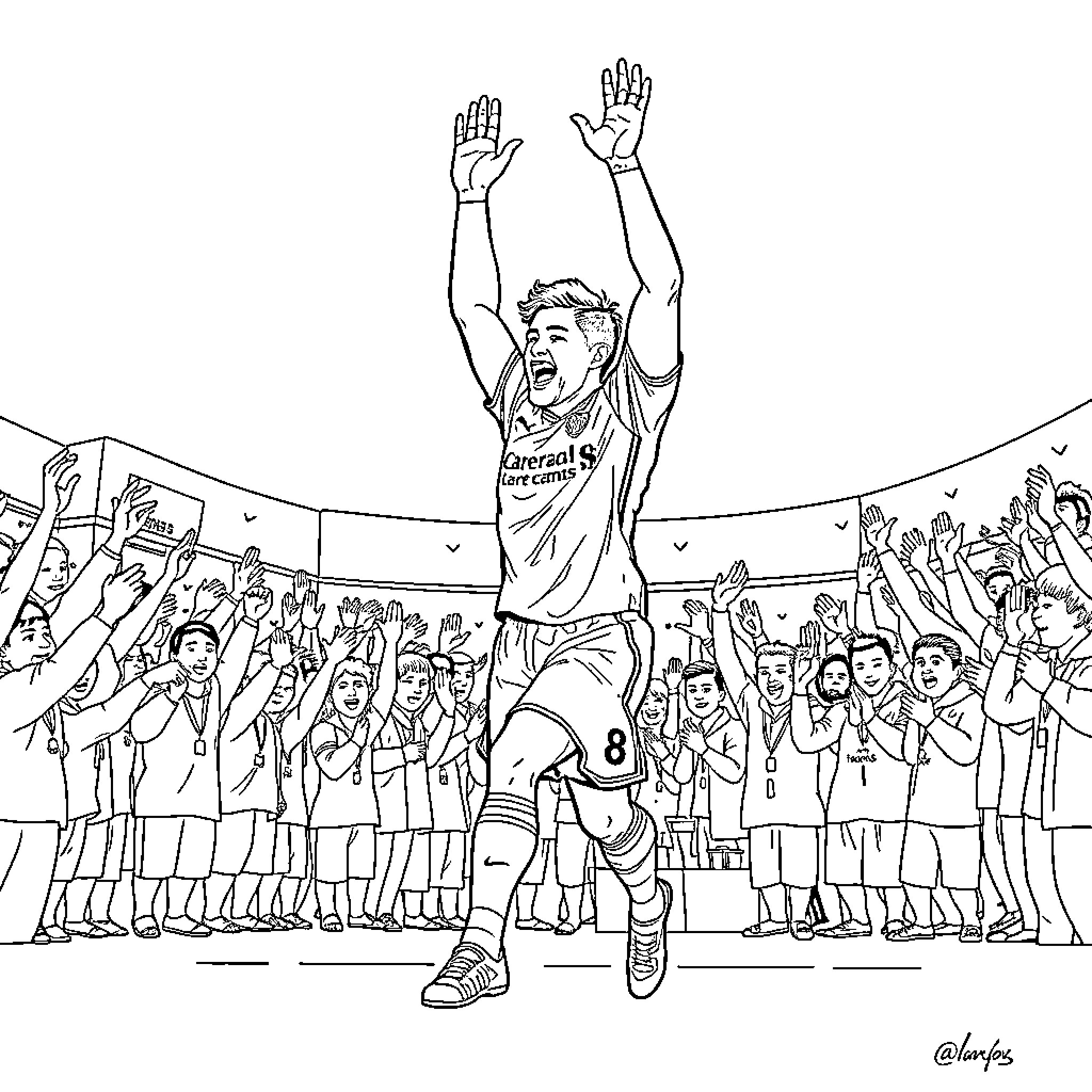 Darwin Nunez celebrating with fans after scoring a goal Coloring Page (free black-and-white line drawing printable PDF for all, from beginners to advanced learners, including children, teens, adults, and seniors)