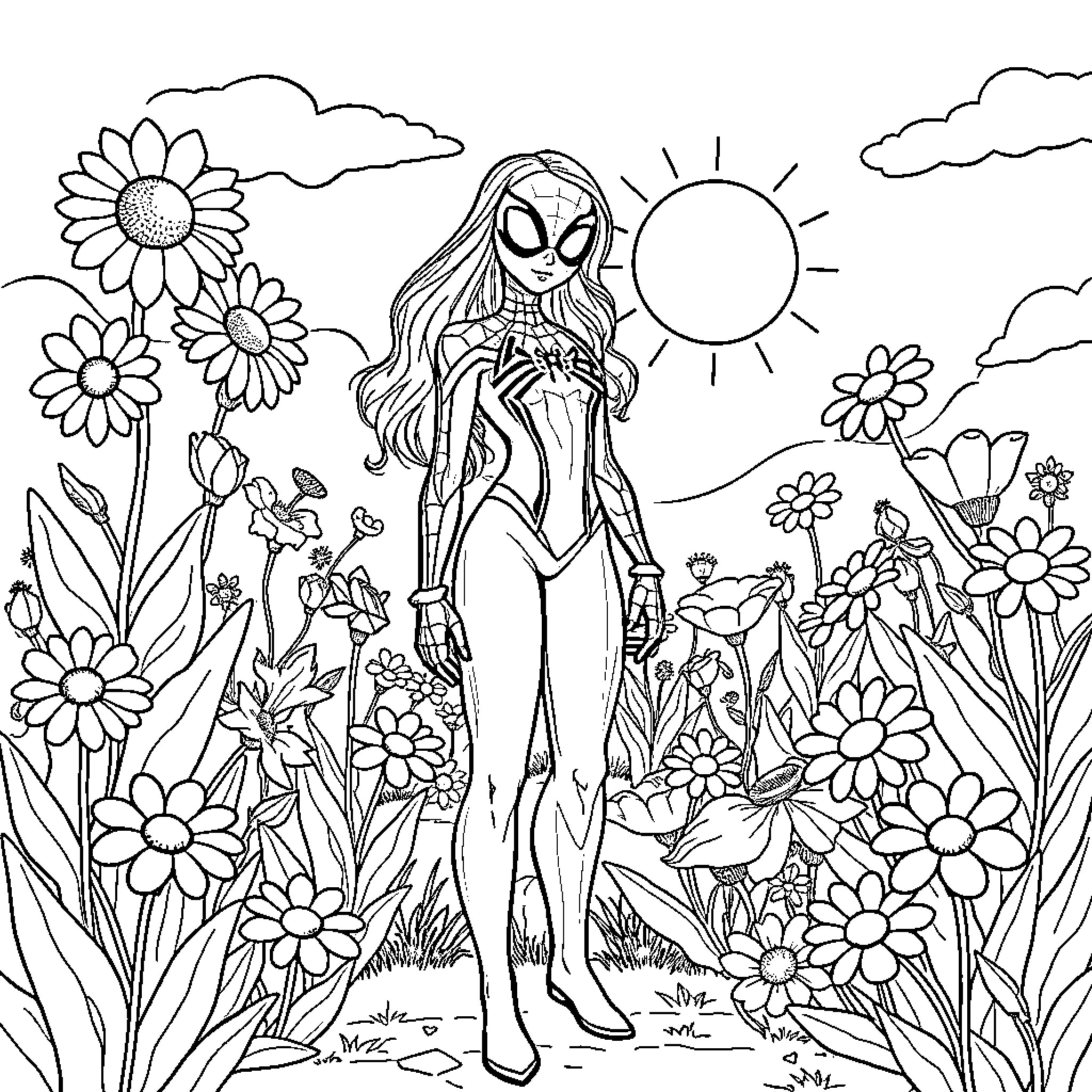 Spidergirl exploring a vibrant floral landscape Coloring Page (free black-and-white line drawing printable PDF for all, from beginners to advanced learners, including children, teens, adults, and seniors)