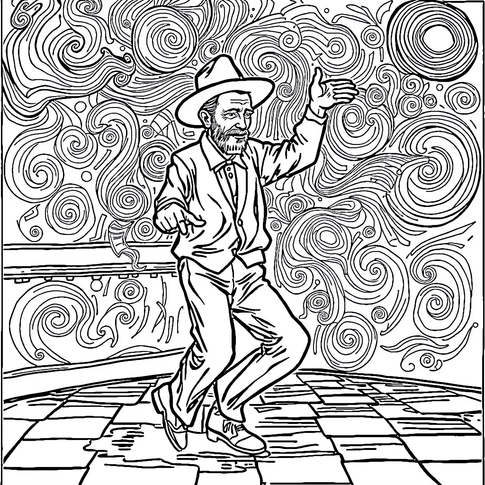 Van Gogh's Enthusiastic Dance on a Checkered Floor Coloring Page (free black-and-white line drawing printable PDF for all, from beginners to advanced learners, including children, teens, adults, and seniors)