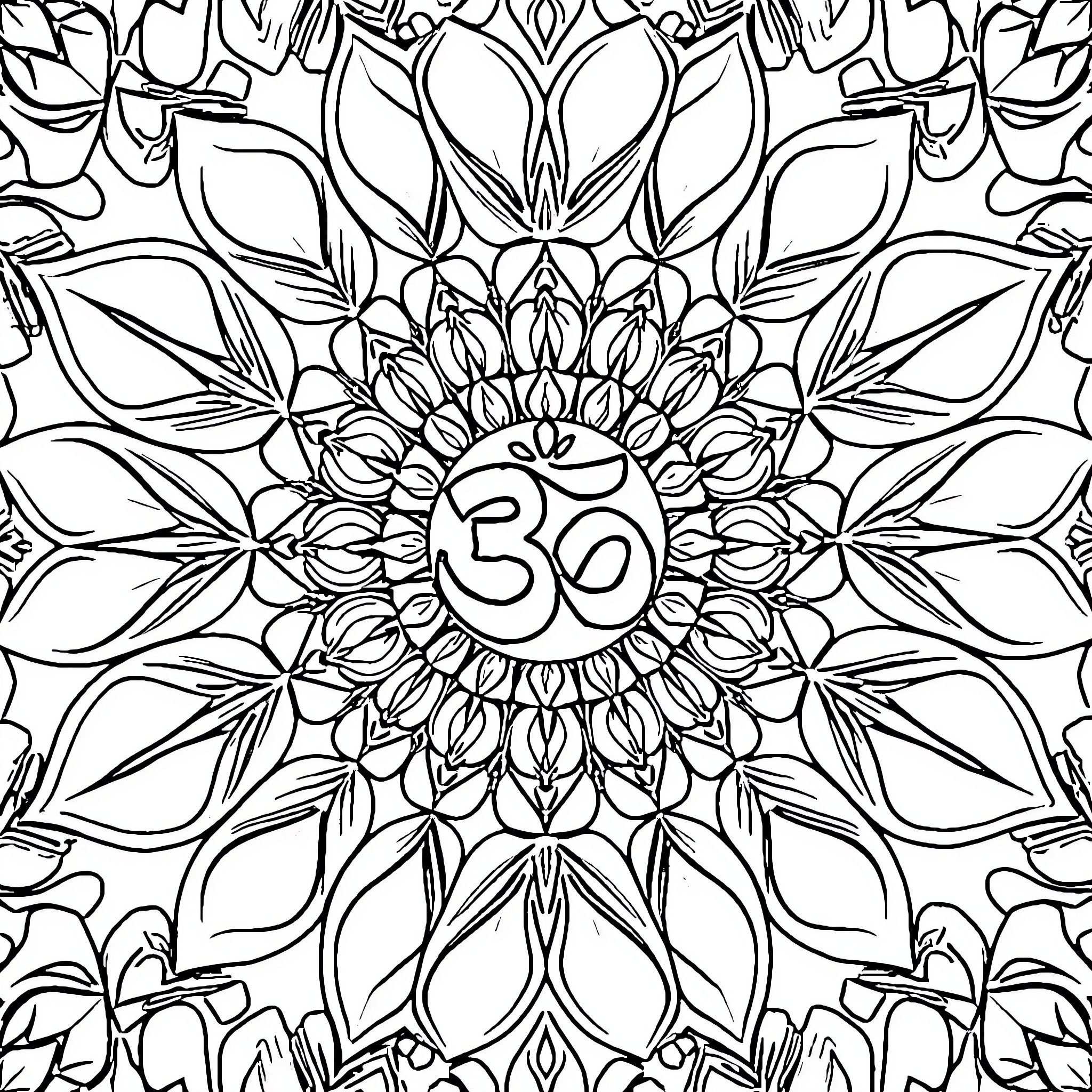 Mandala with intricate floral patterns and symbolic Om symbol Coloring Page (free black-and-white line drawing printable PDF for all, from beginners to advanced learners, including children, teens, adults, and seniors)