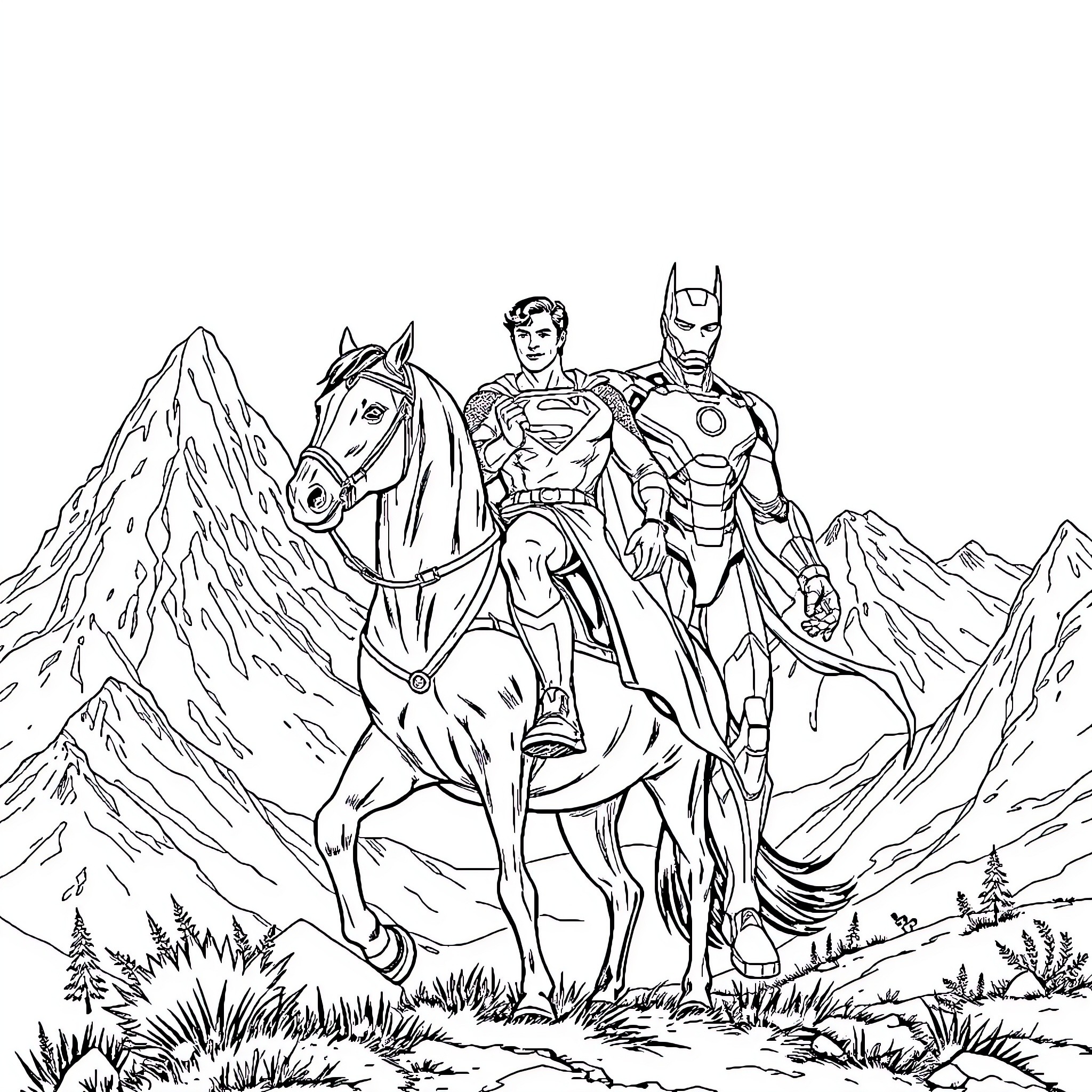 Superman heroically stands with allies in the mountains Coloring Page (free black-and-white line drawing printable PDF for all, from beginners to advanced learners, including children, teens, adults, and seniors)