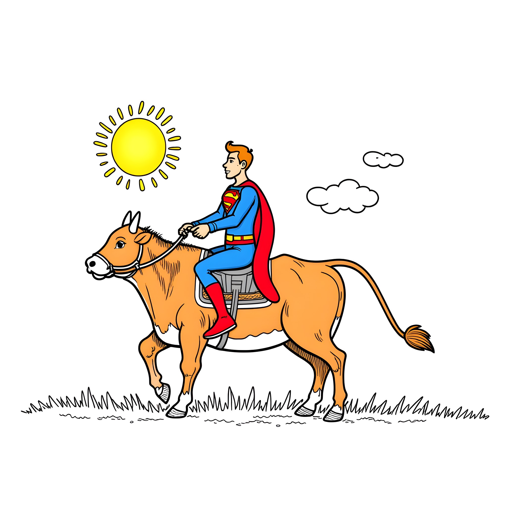 Spiderman riding a horse under the sun Coloring Page (free black-and-white line drawing printable PDF for all, from beginners to advanced learners, including children, teens, adults, and seniors)