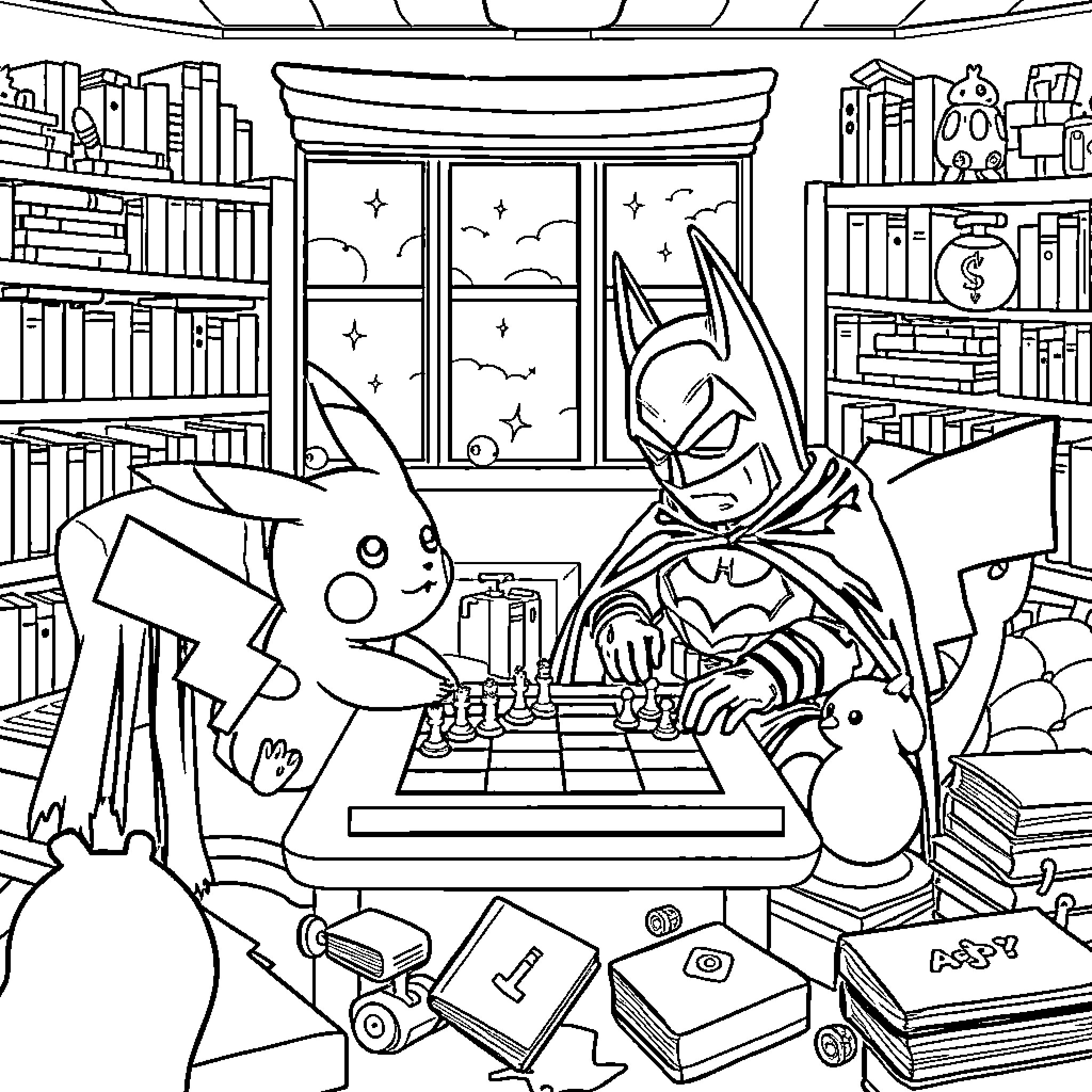 Pikachu and Batman playing chess in a cozy library Coloring Page (free black-and-white line drawing printable PDF for all, from beginners to advanced learners, including children, teens, adults, and seniors)