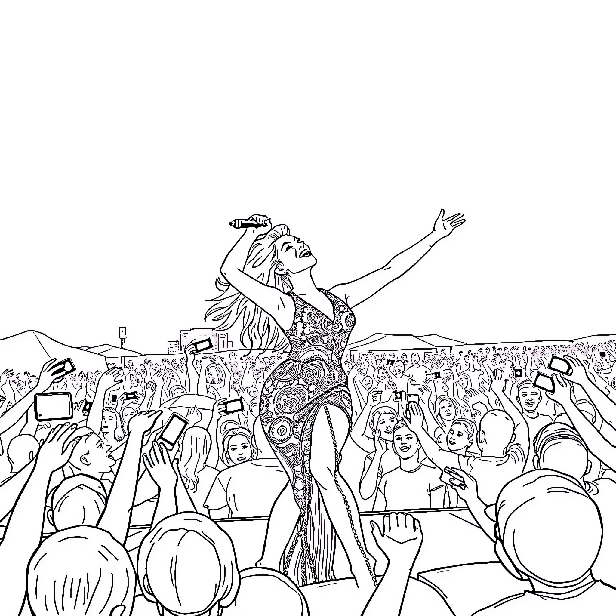 Lady Gaga Performing Energetically on Stage Coloring Page (free black-and-white line drawing printable PDF for all, from beginners to advanced learners, including children, teens, adults, and seniors)