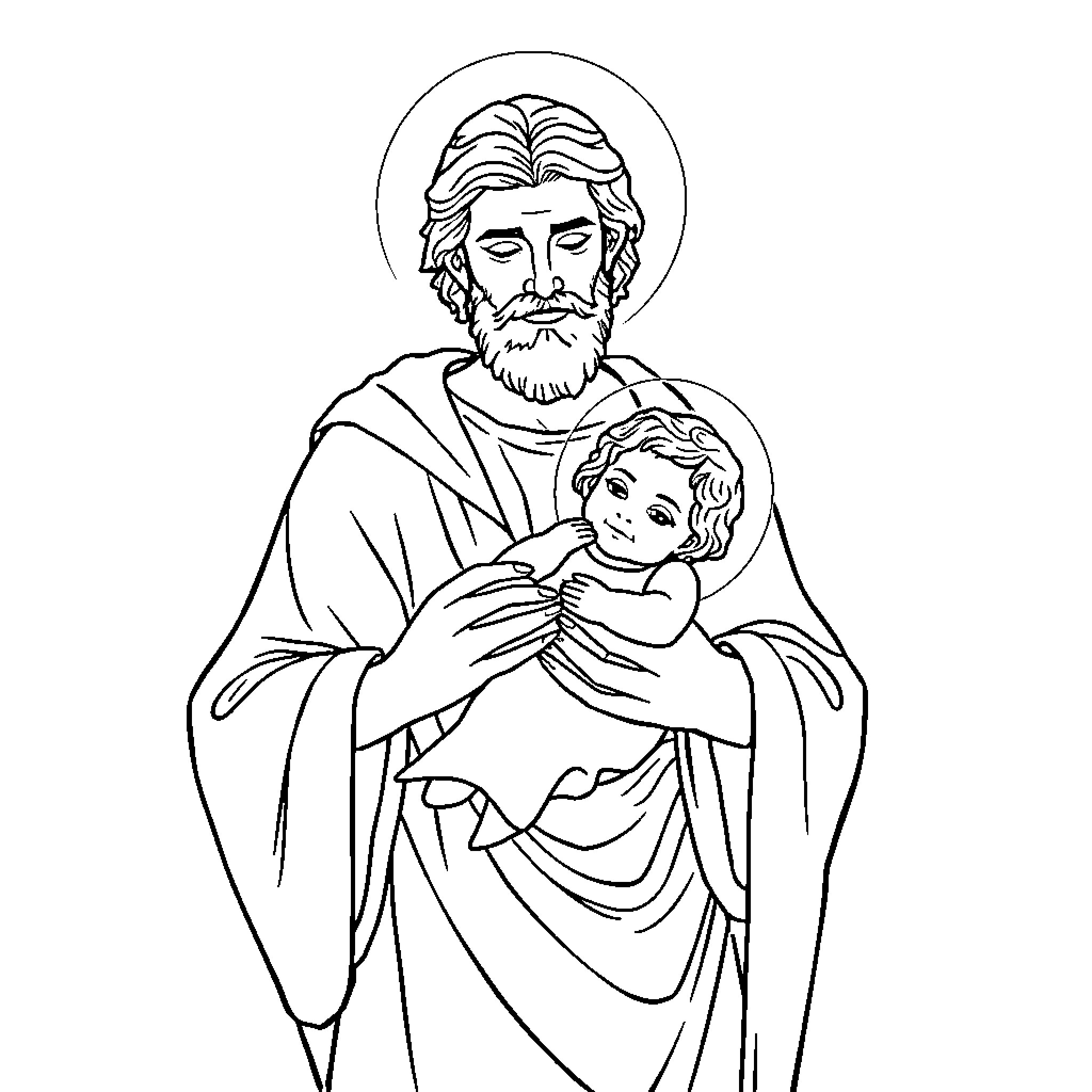 Saint Joseph Holding the Christ Child Coloring Page (free black-and-white line drawing printable PDF for all, from beginners to advanced learners, including children, teens, adults, and seniors)