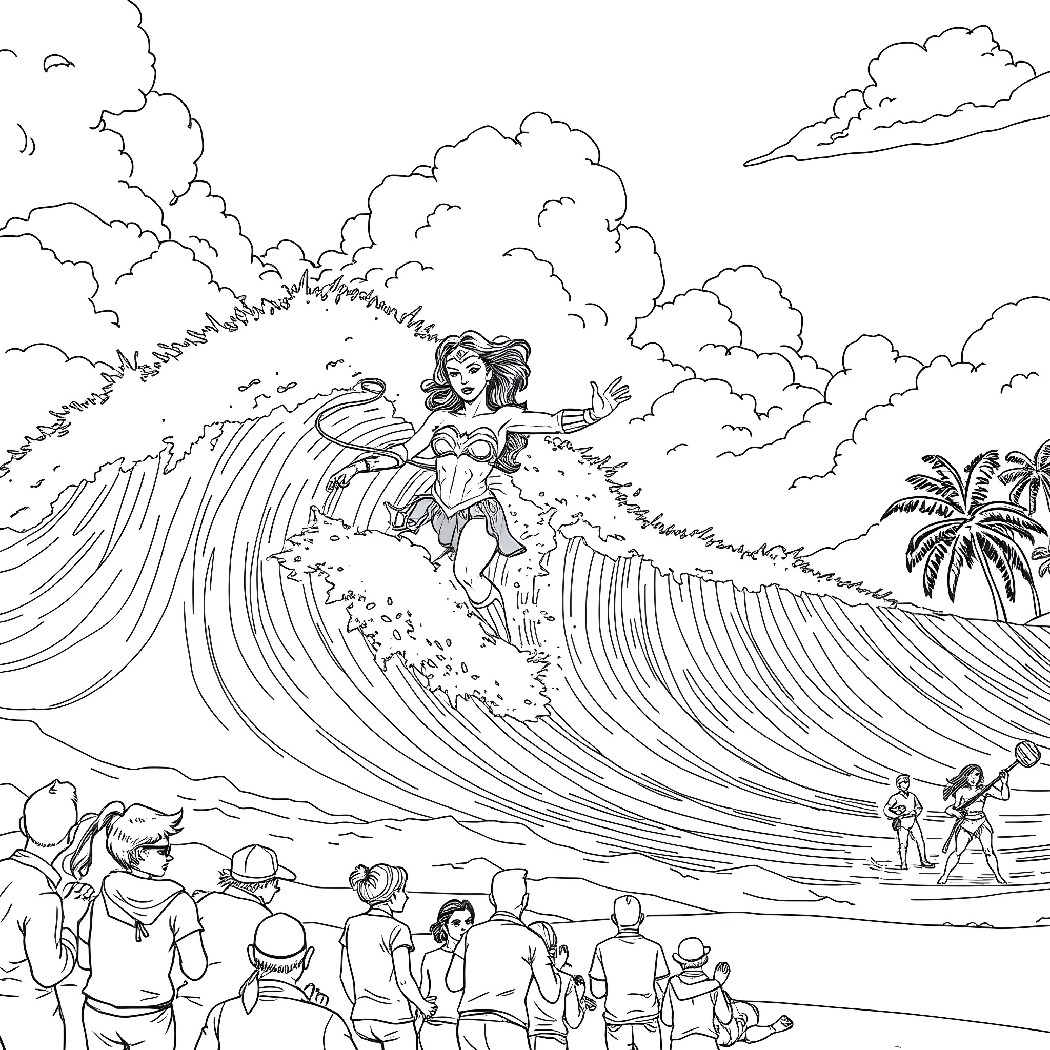 Wonder Woman surfing heroically through towering waves Coloring Page (free black-and-white line drawing printable PDF for all, from beginners to advanced learners, including children, teens, adults, and seniors)