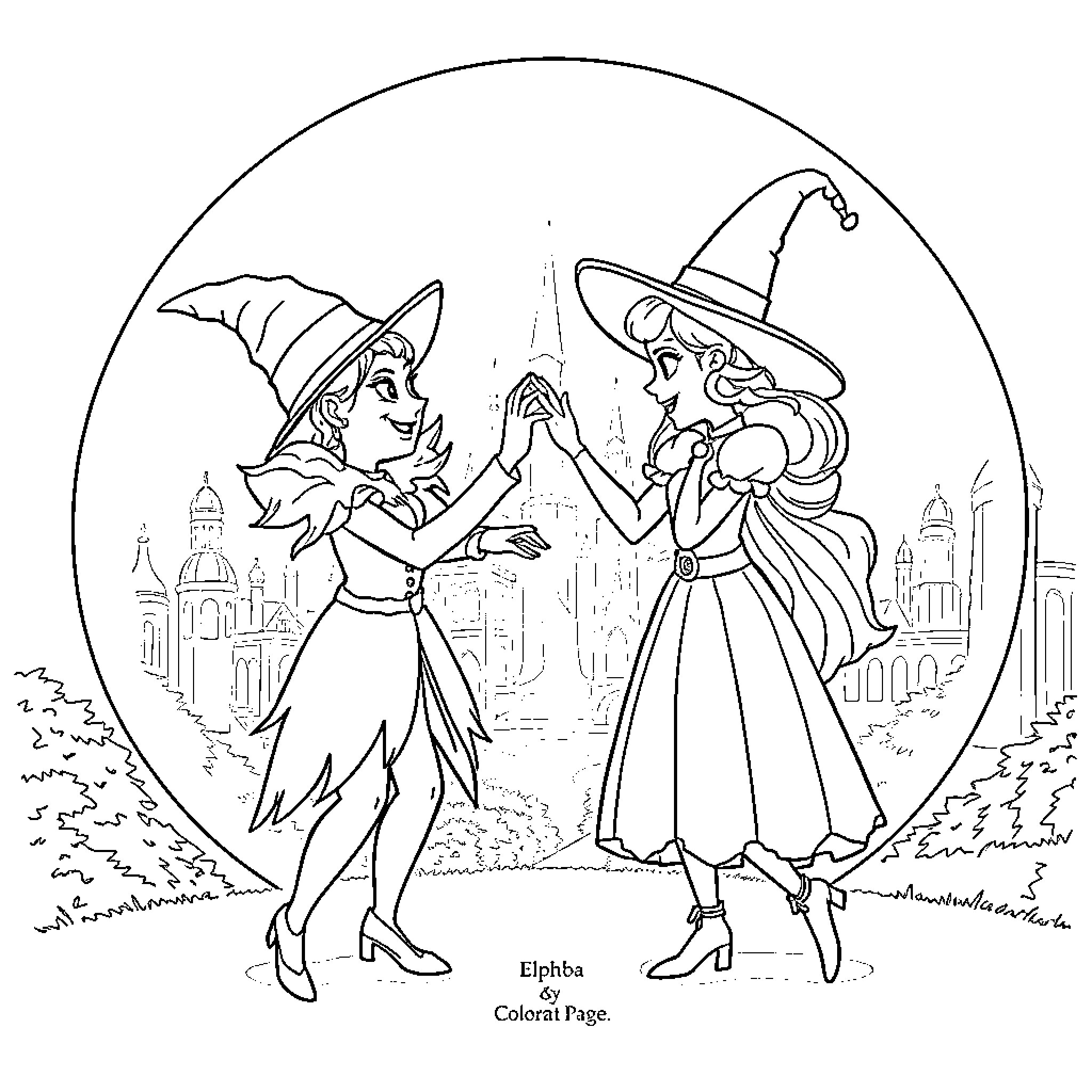 Wicked Witches in Enchanting Encounter Coloring Page (free black-and-white line drawing printable PDF for all, from beginners to advanced learners, including children, teens, adults, and seniors)